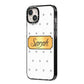 Personalised Grey Dots Gold With Name iPhone 14 Plus Black Impact Case Side Angle on Silver phone