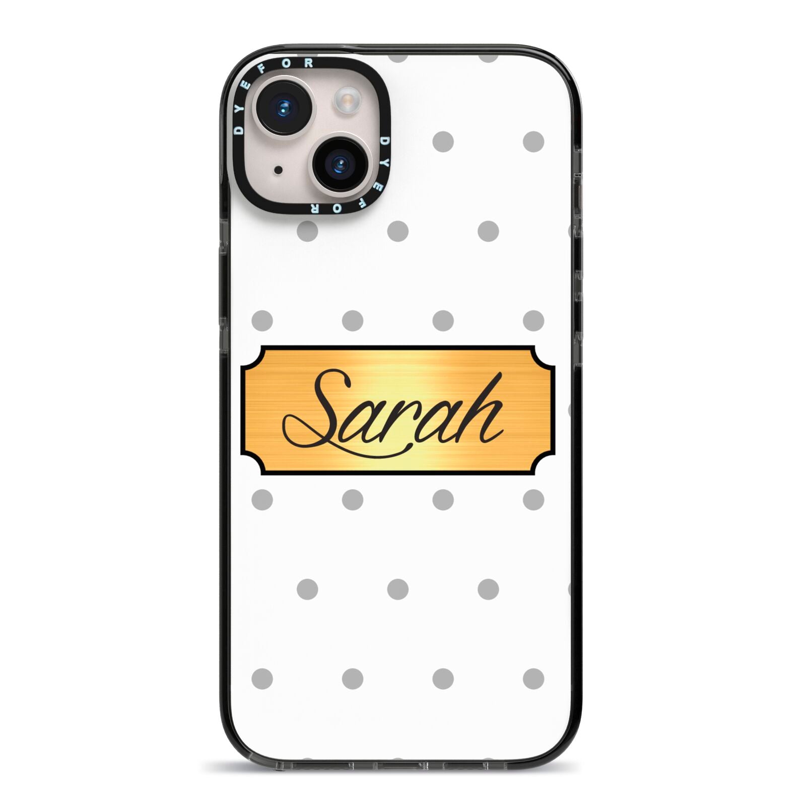 Personalised Grey Dots Gold With Name iPhone 14 Plus Black Impact Case on Silver phone