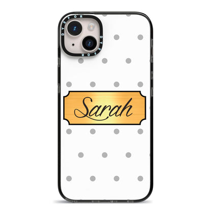 Personalised Grey Dots Gold With Name iPhone 14 Plus Black Impact Case on Silver phone