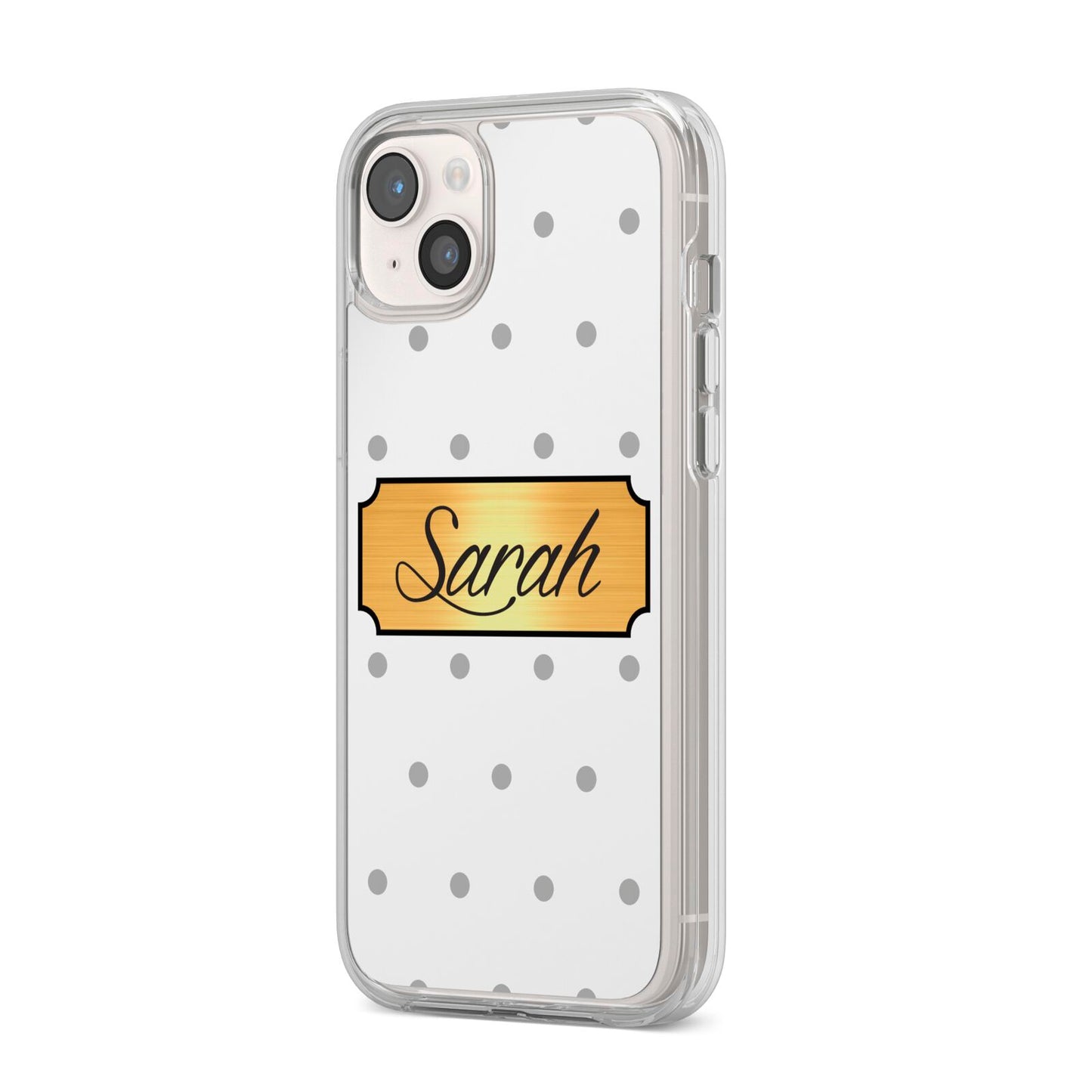 Personalised Grey Dots Gold With Name iPhone 14 Plus Clear Tough Case Starlight Angled Image