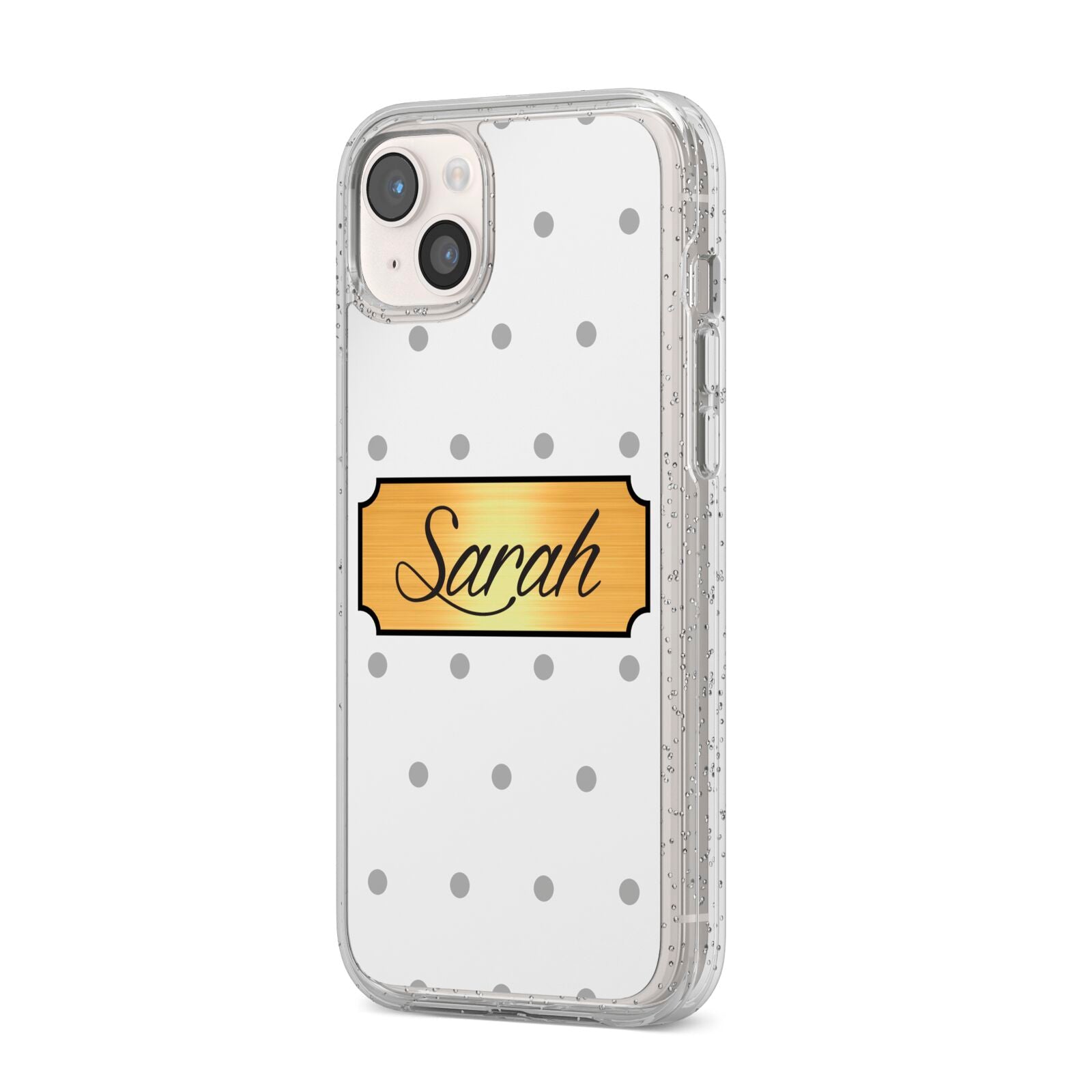 Personalised Grey Dots Gold With Name iPhone 14 Plus Glitter Tough Case Starlight Angled Image