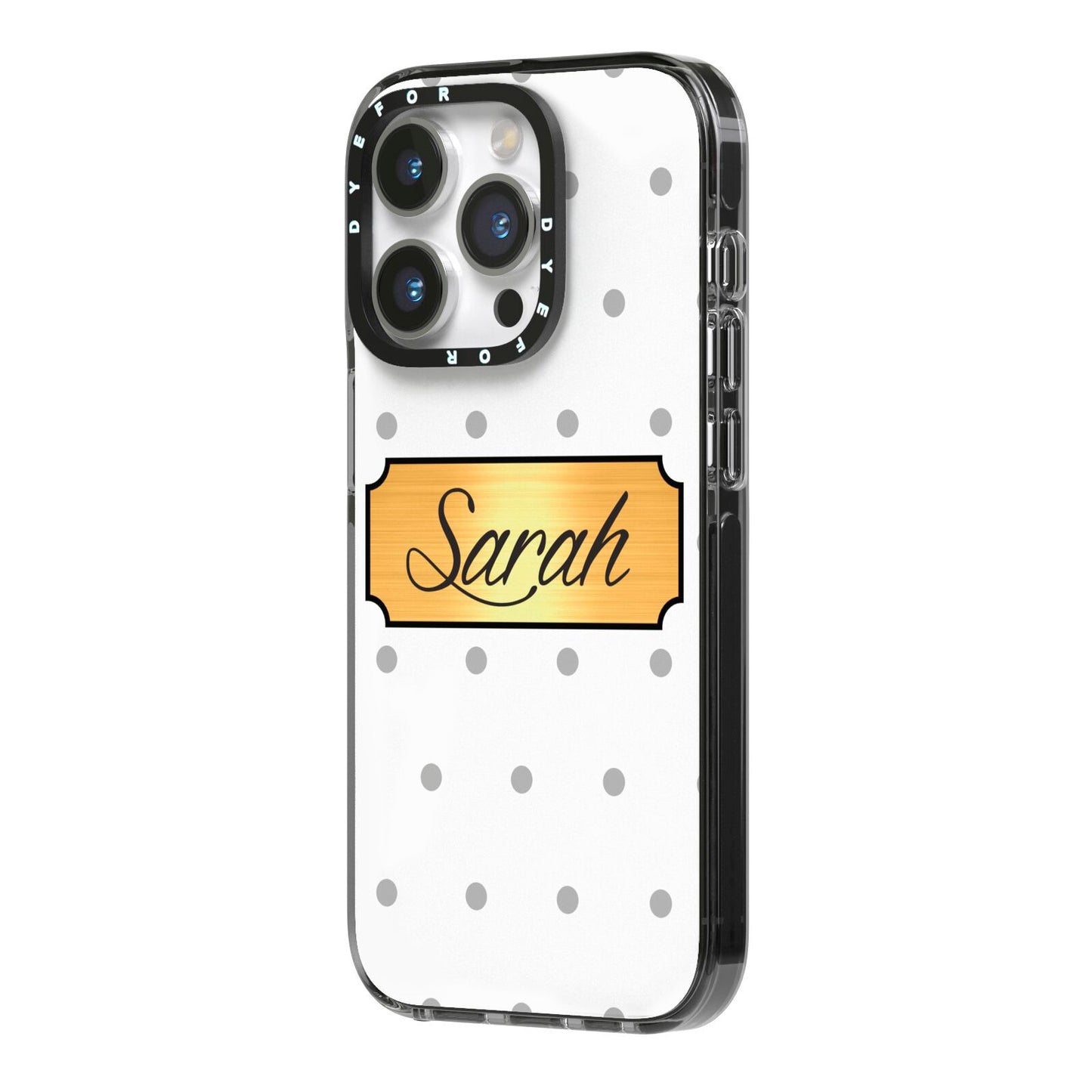 Personalised Grey Dots Gold With Name iPhone 14 Pro Black Impact Case Side Angle on Silver phone