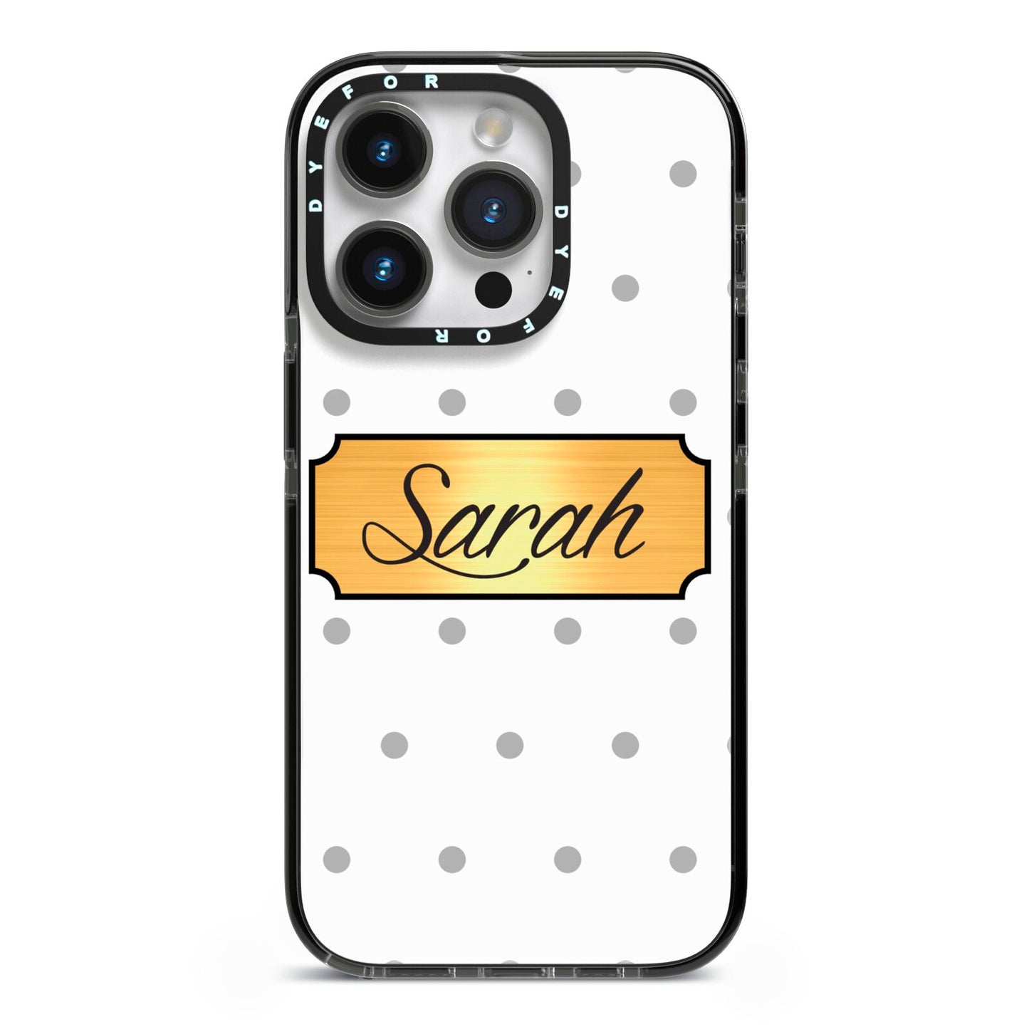 Personalised Grey Dots Gold With Name iPhone 14 Pro Black Impact Case on Silver phone