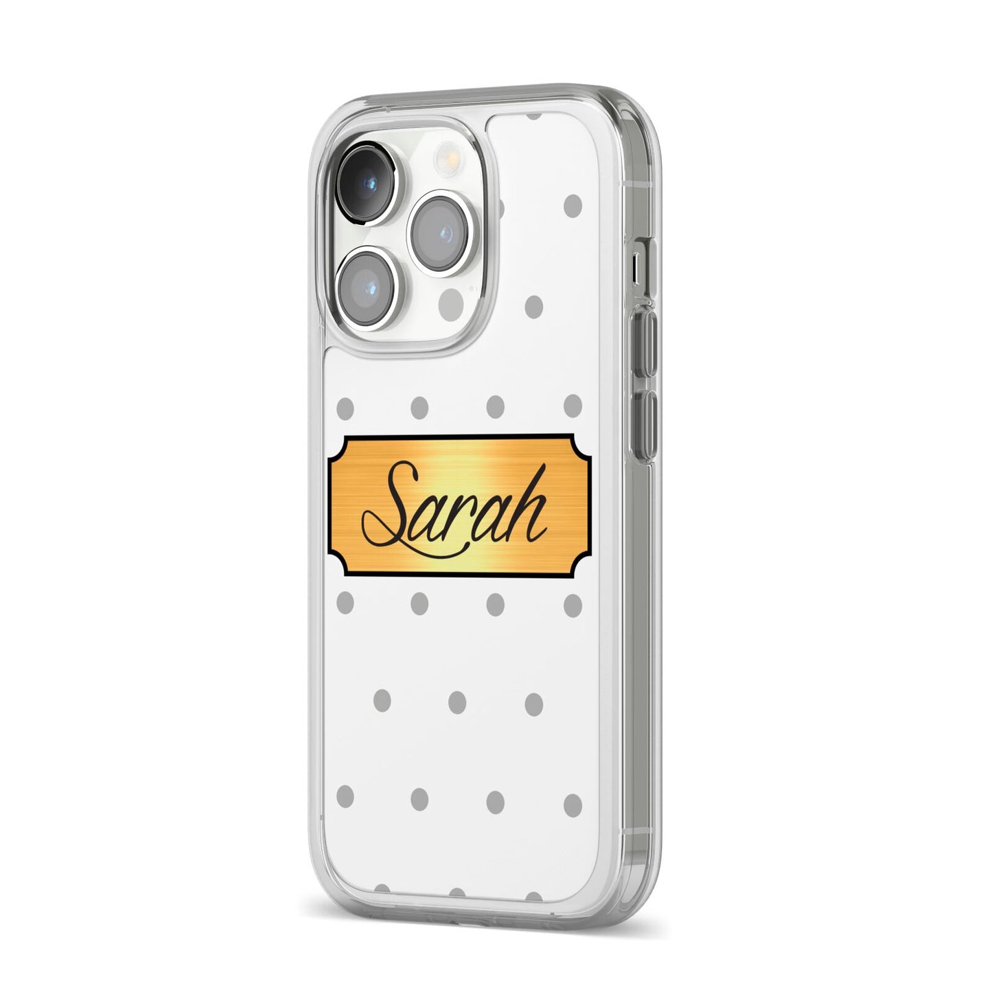 Personalised Grey Dots Gold With Name iPhone 14 Pro Clear Tough Case Silver Angled Image