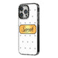 Personalised Grey Dots Gold With Name iPhone 14 Pro Max Black Impact Case Side Angle on Silver phone