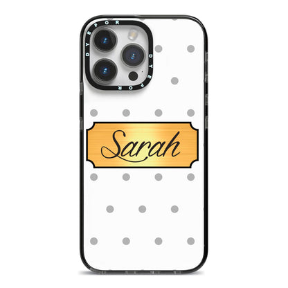 Personalised Grey Dots Gold With Name iPhone 14 Pro Max Black Impact Case on Silver phone