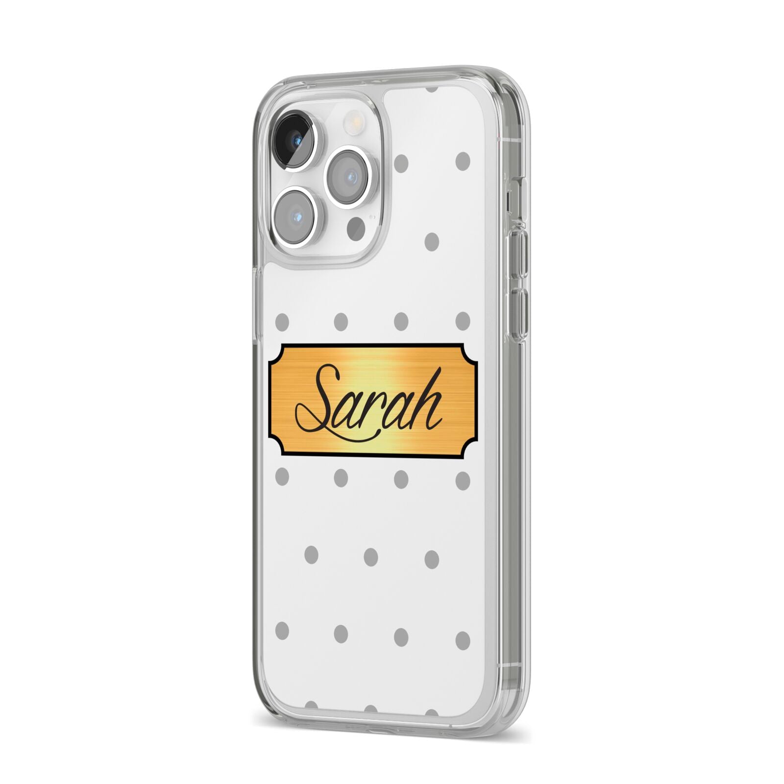 Personalised Grey Dots Gold With Name iPhone 14 Pro Max Clear Tough Case Silver Angled Image