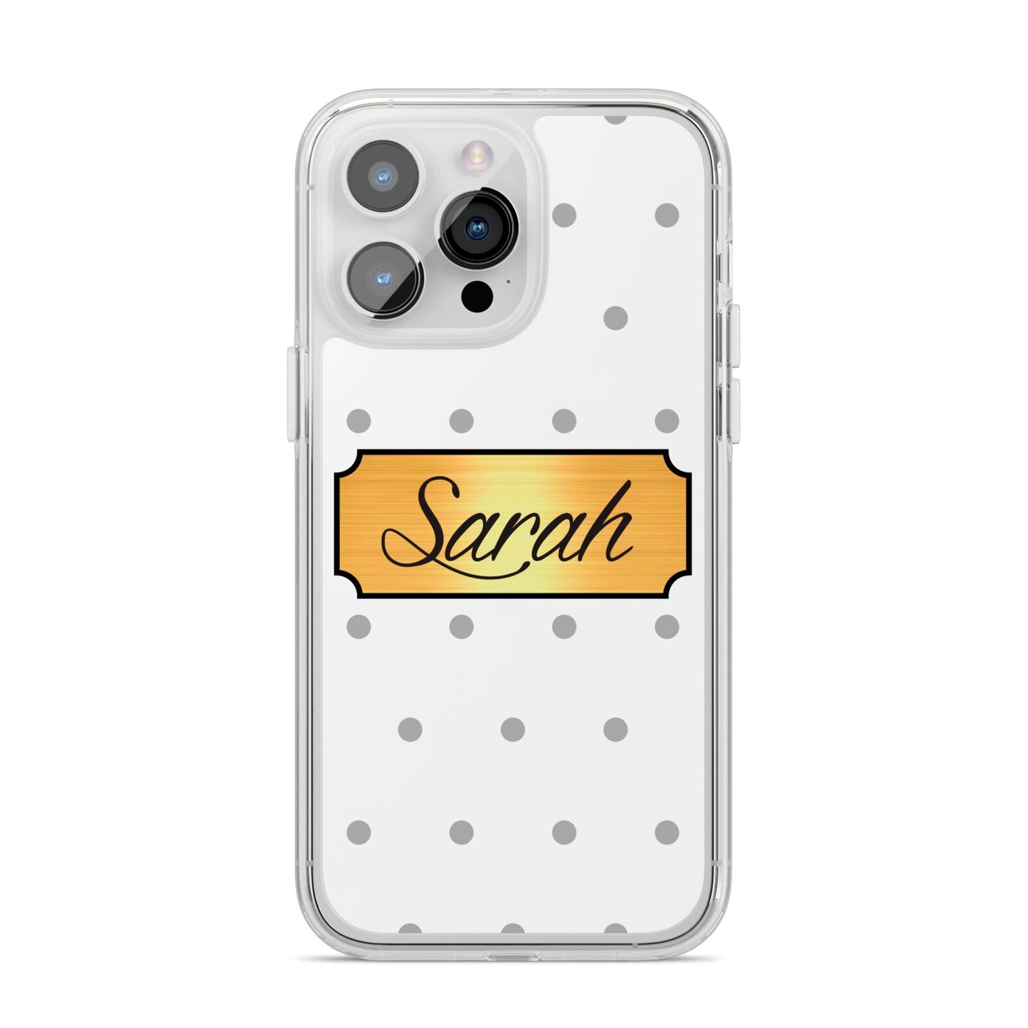 Personalised Grey Dots Gold With Name iPhone 14 Pro Max Clear Tough Case Silver