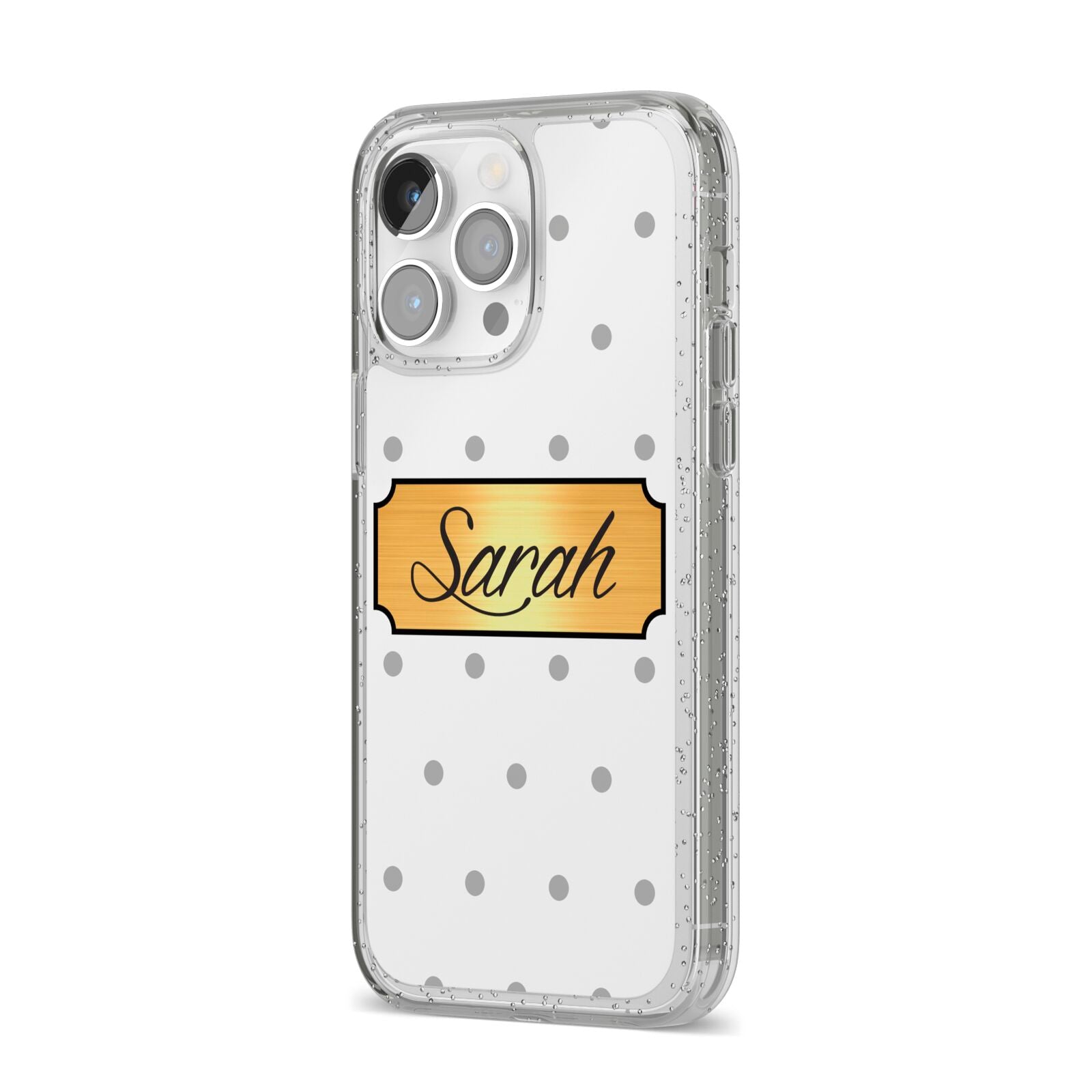 Personalised Grey Dots Gold With Name iPhone 14 Pro Max Glitter Tough Case Silver Angled Image