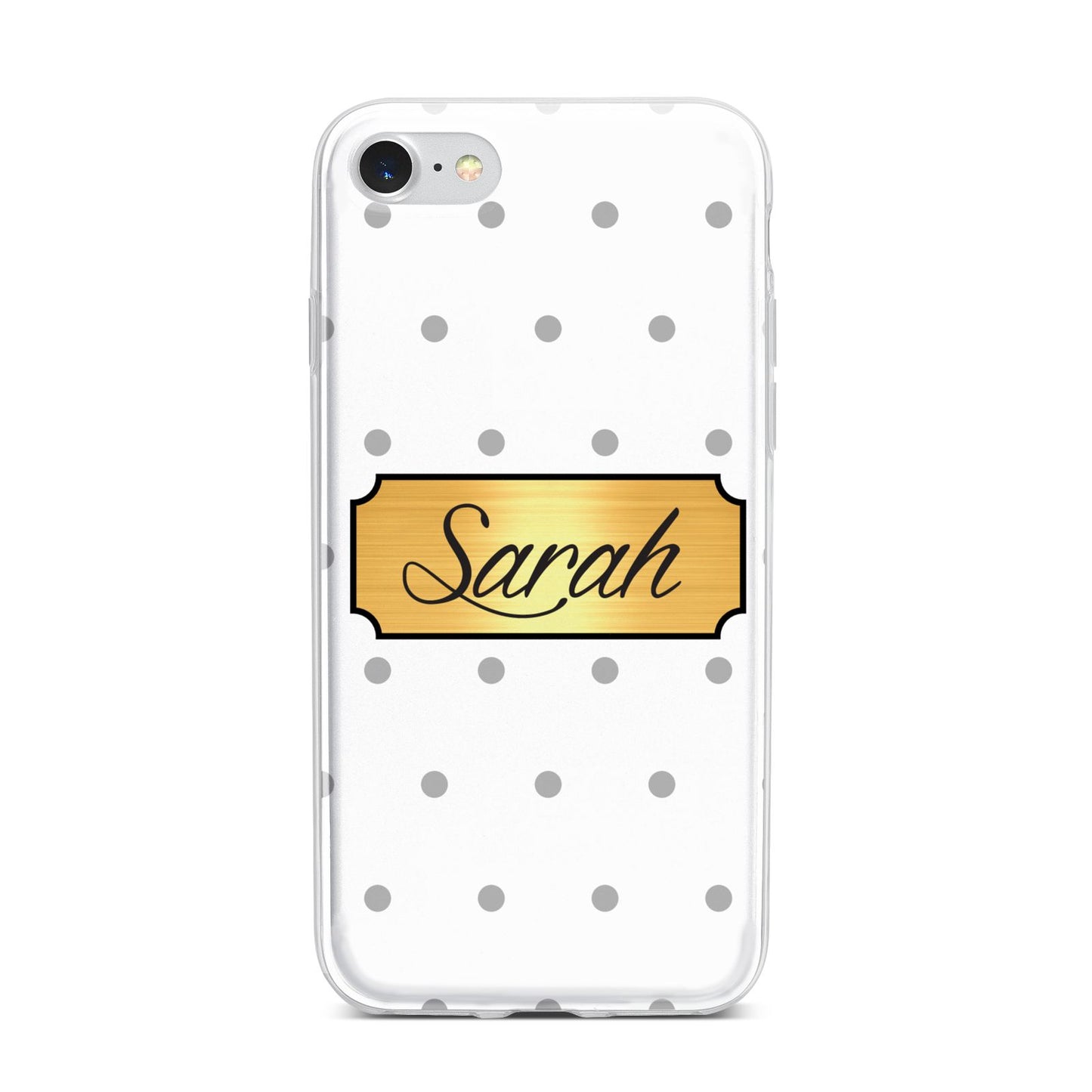 Personalised Grey Dots Gold With Name iPhone 7 Bumper Case on Silver iPhone
