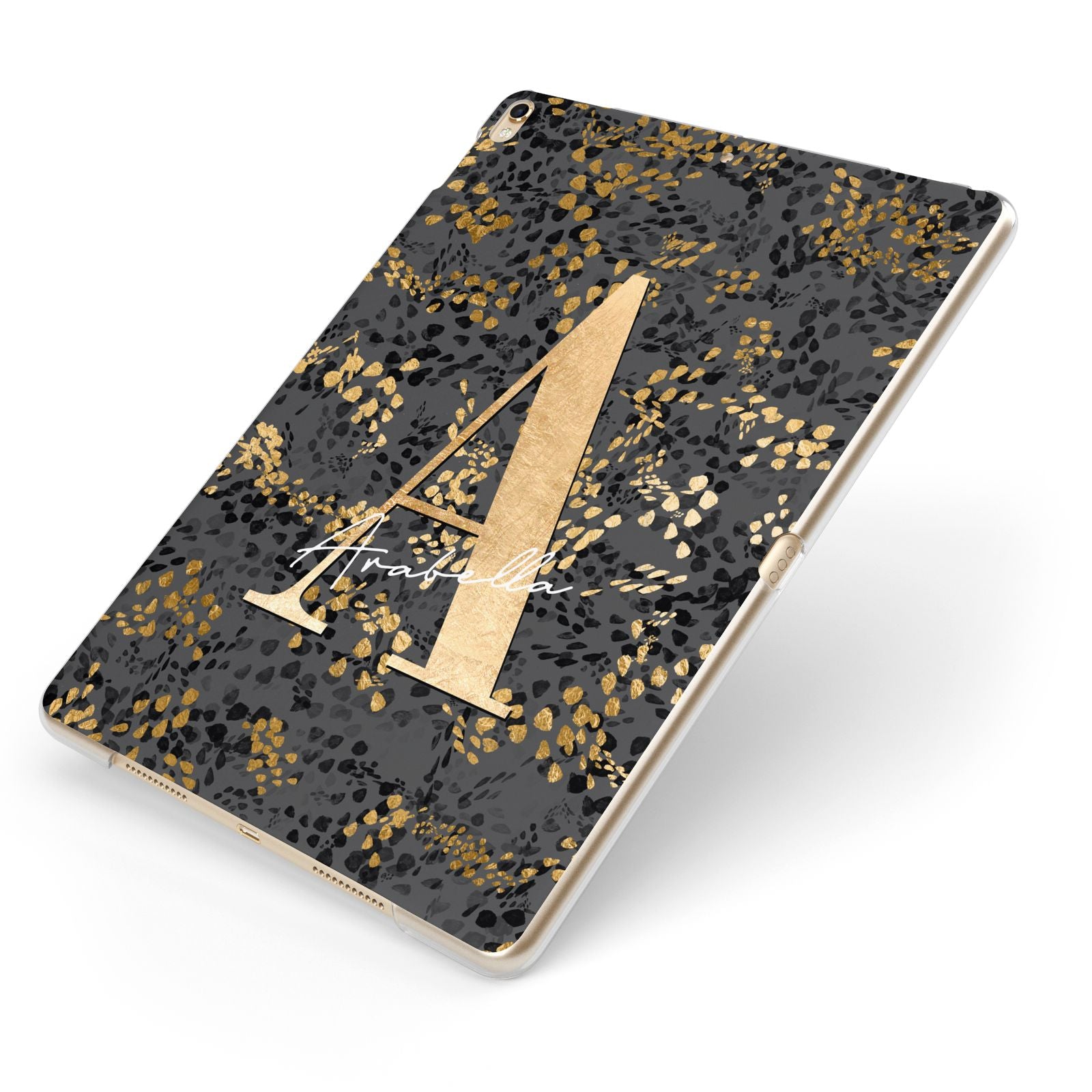 Personalised Grey Gold Cheetah Apple iPad Case on Gold iPad Side View