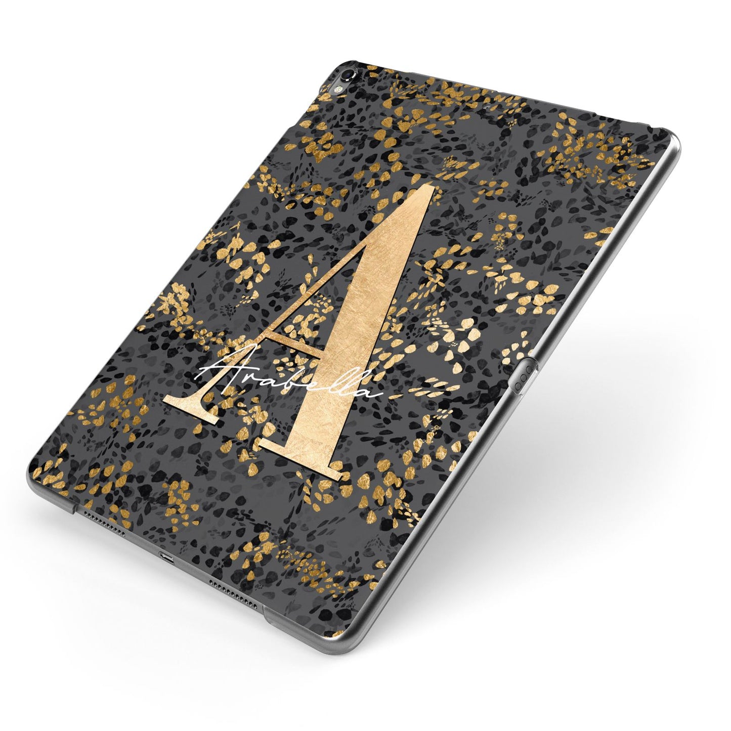 Personalised Grey Gold Cheetah Apple iPad Case on Grey iPad Side View