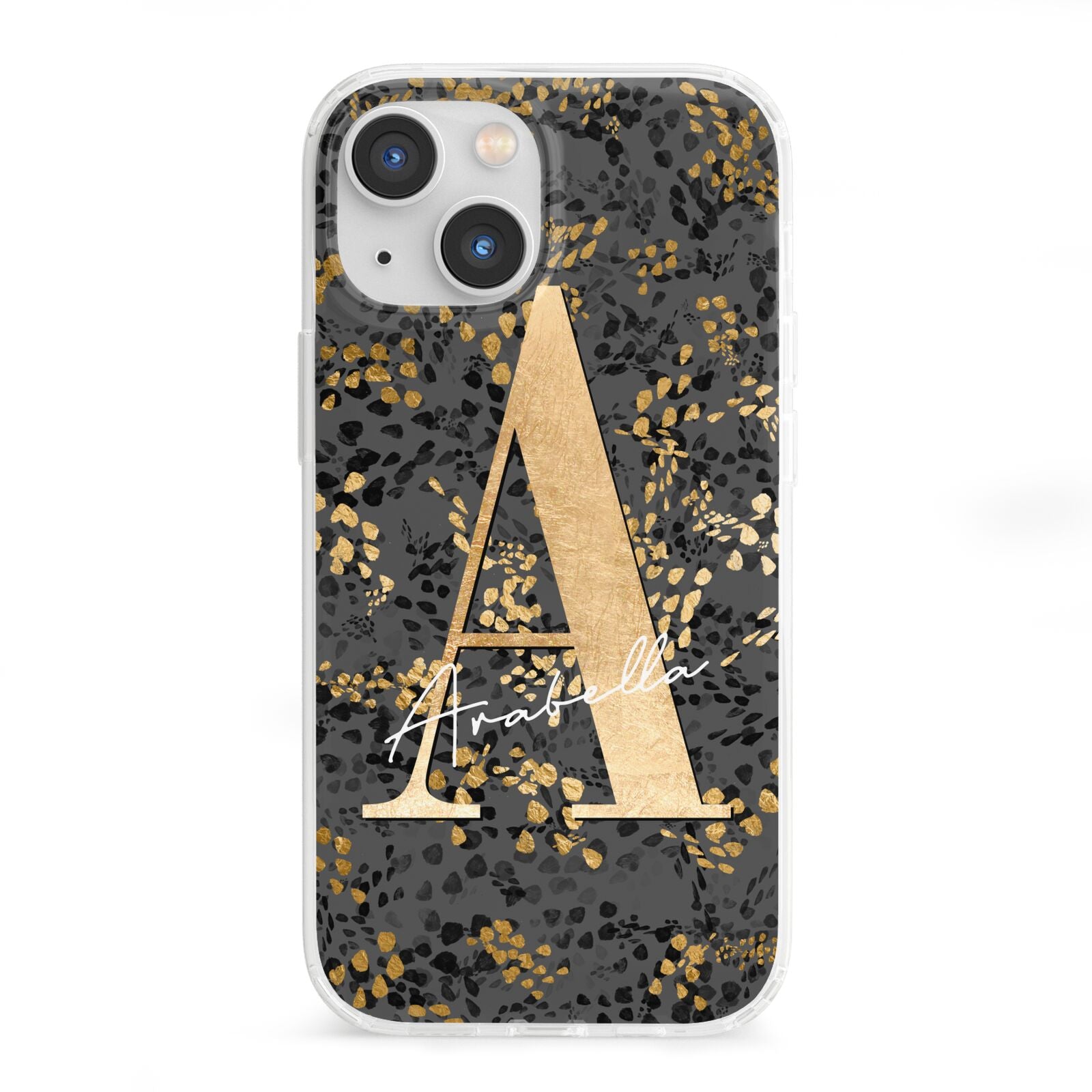 Personalised Grey Gold Cheetah iPhone 13 Mini Clear Bumper Case