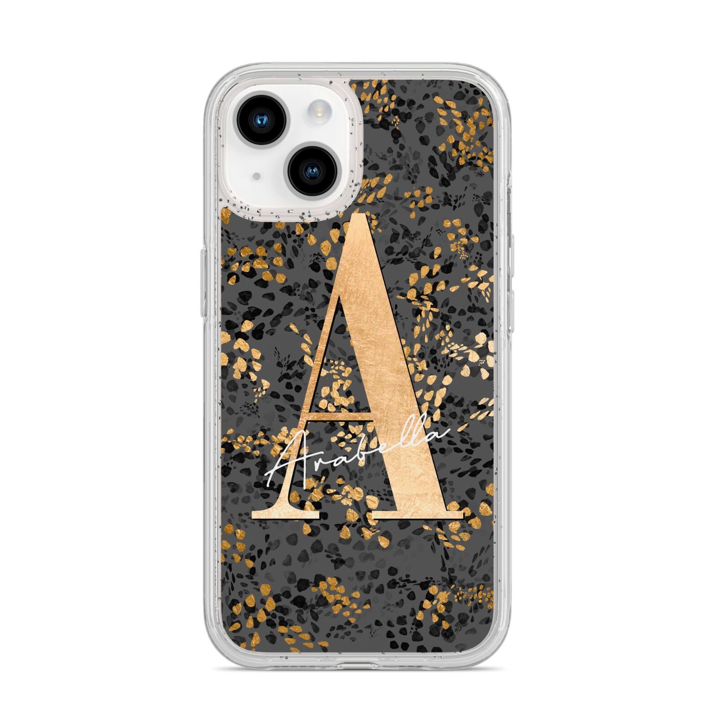 Personalised Grey Gold Cheetah iPhone 14 Glitter Tough Case Starlight