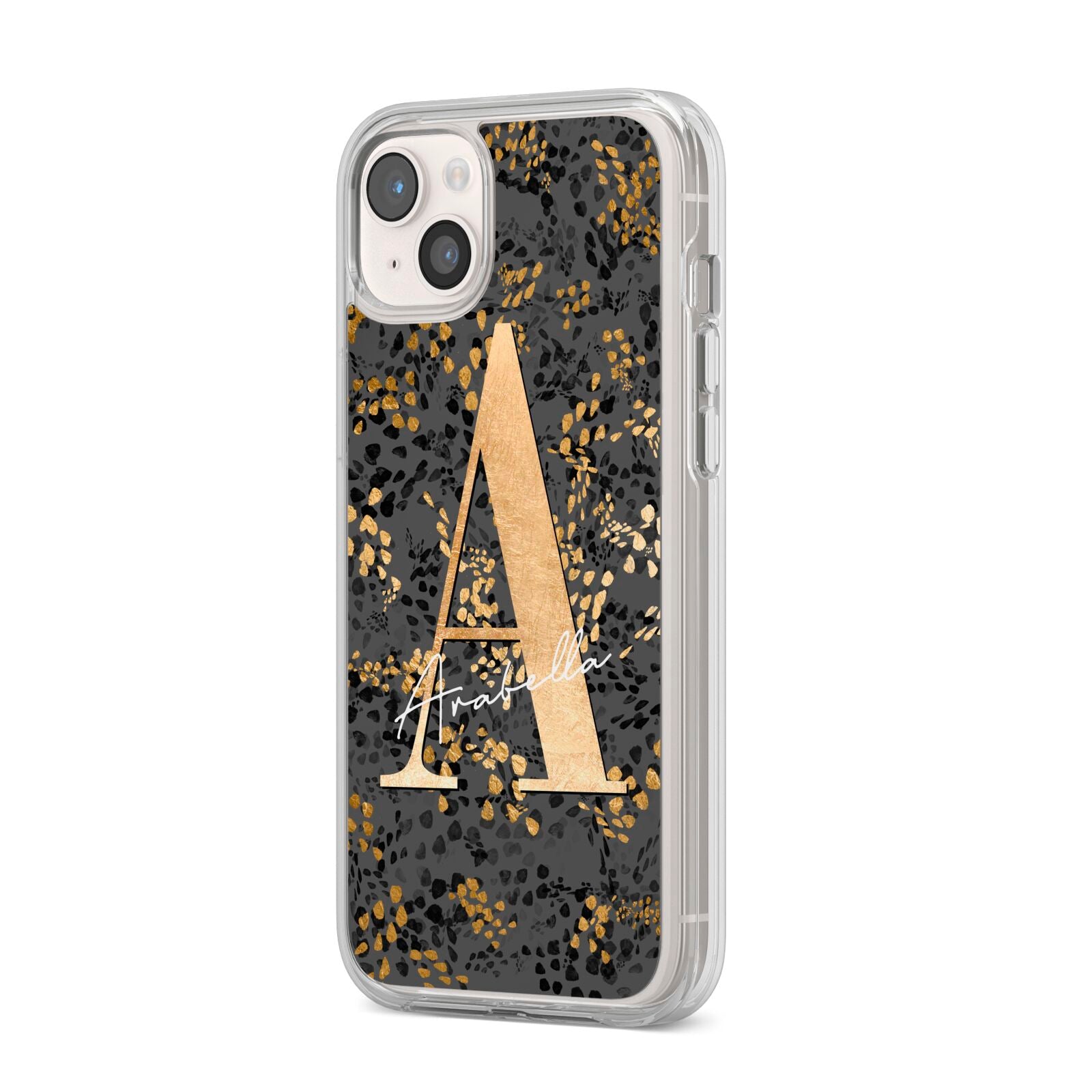 Personalised Grey Gold Cheetah iPhone 14 Plus Clear Tough Case Starlight Angled Image