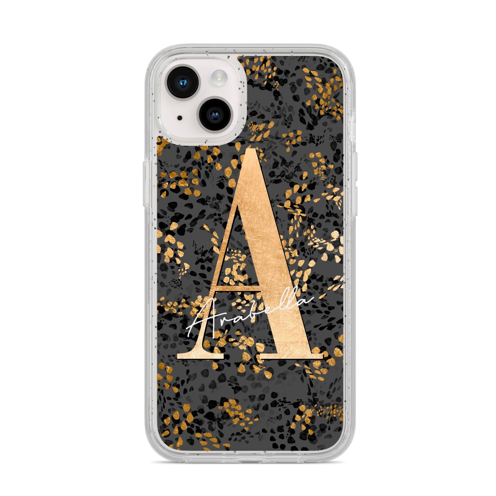 Personalised Grey Gold Cheetah iPhone 14 Plus Glitter Tough Case Starlight