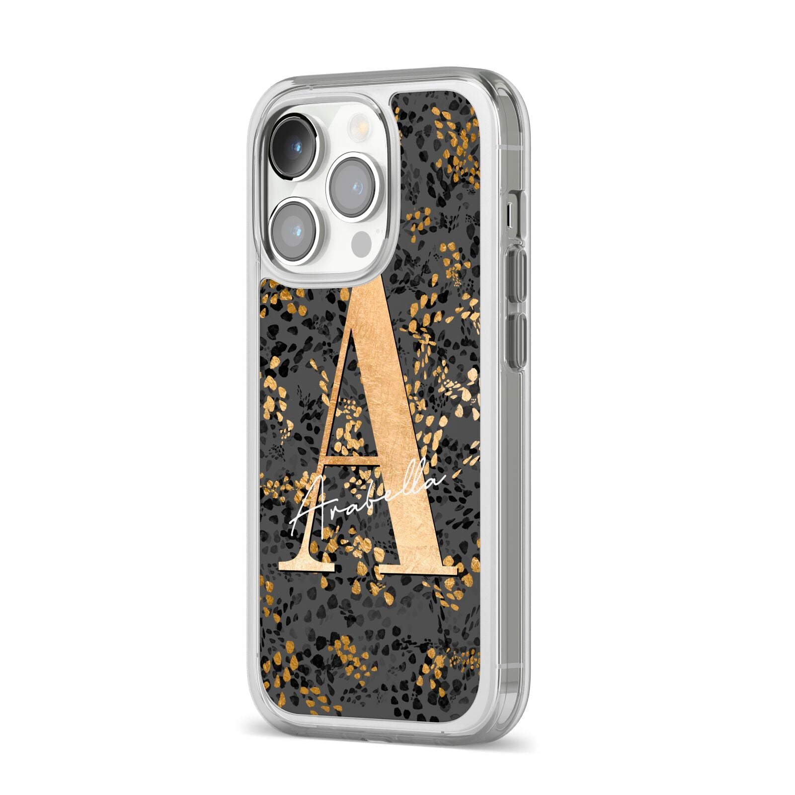 Personalised Grey Gold Cheetah iPhone 14 Pro Clear Tough Case Silver Angled Image