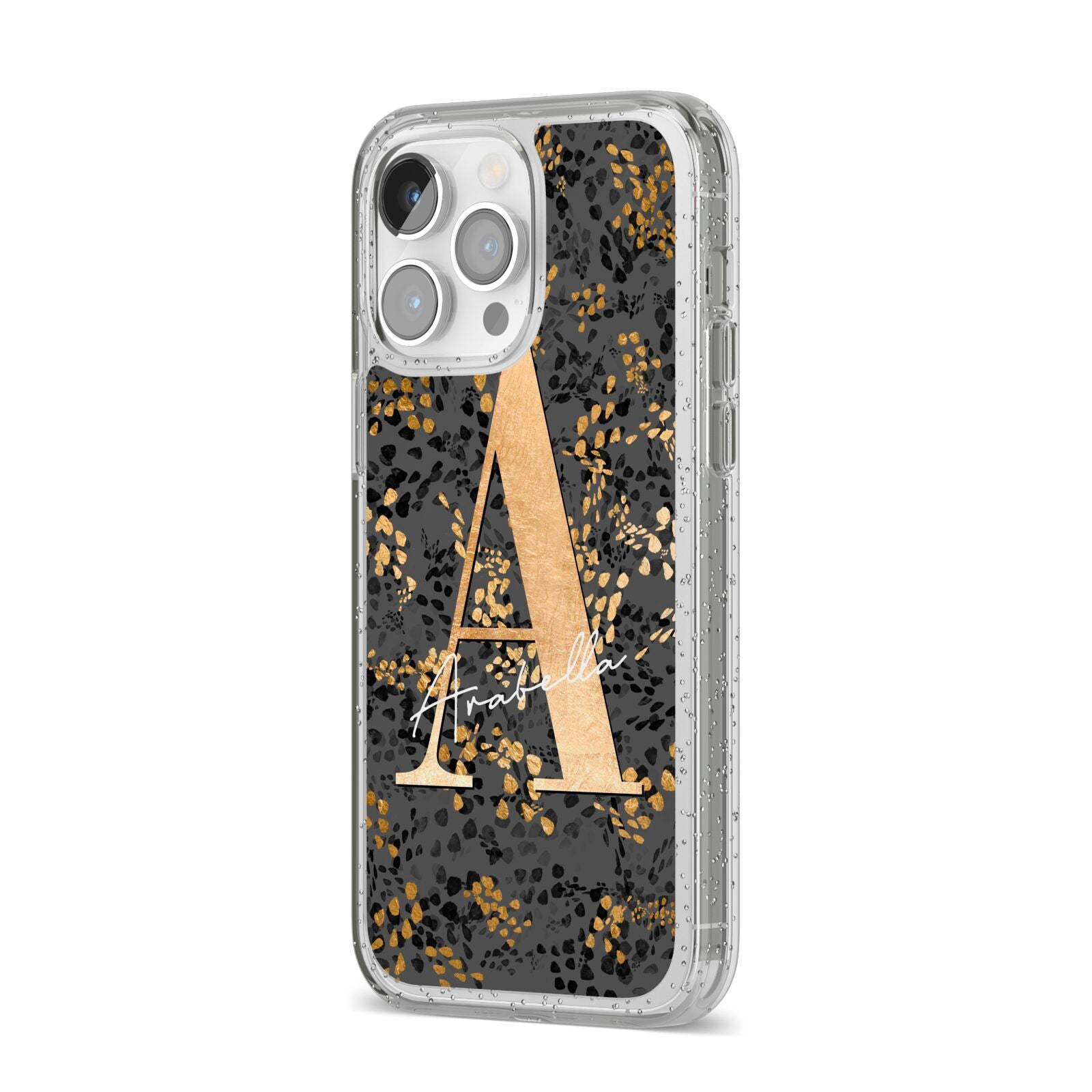 Personalised Grey Gold Cheetah iPhone 14 Pro Max Glitter Tough Case Silver Angled Image