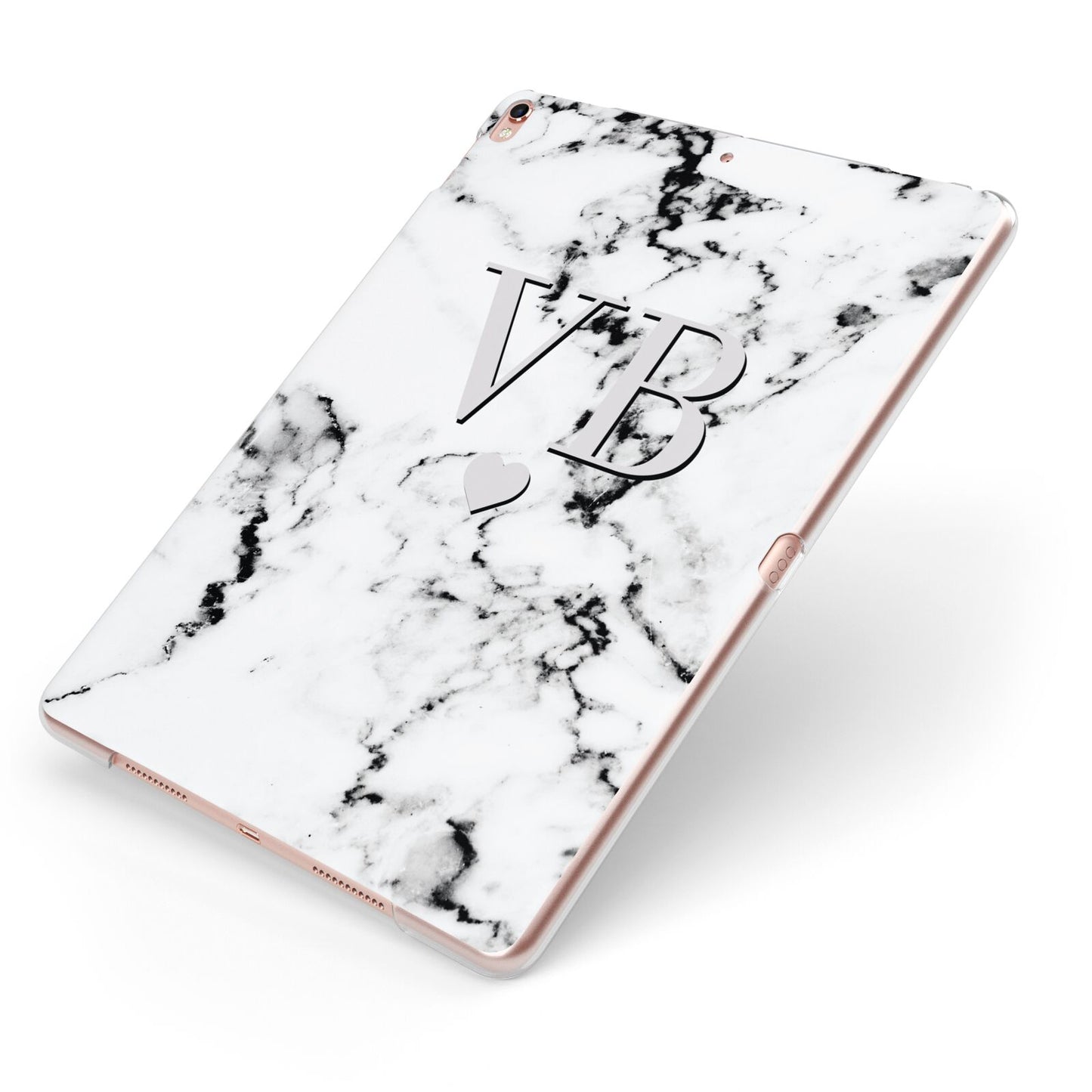 Personalised Grey Initialed Marble Heart Apple iPad Case on Rose Gold iPad Side View