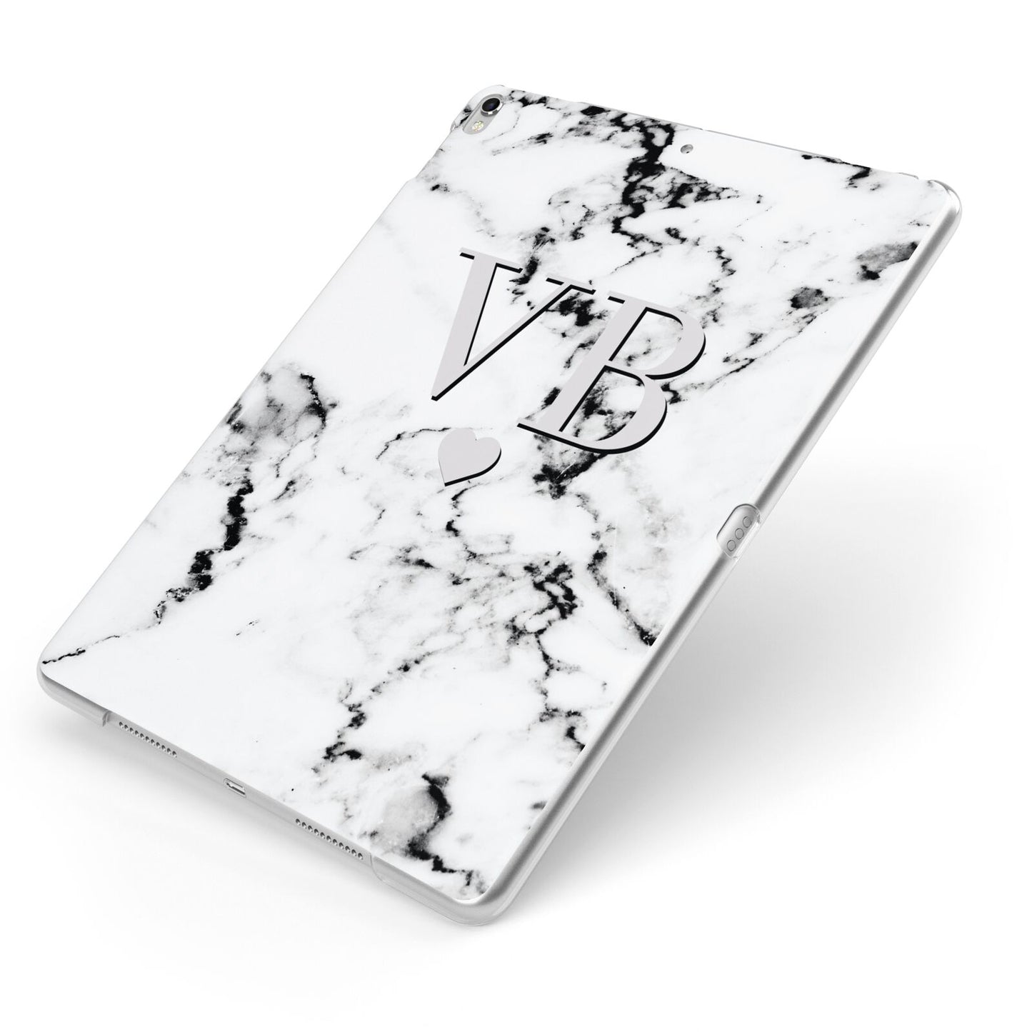 Personalised Grey Initialed Marble Heart Apple iPad Case on Silver iPad Side View