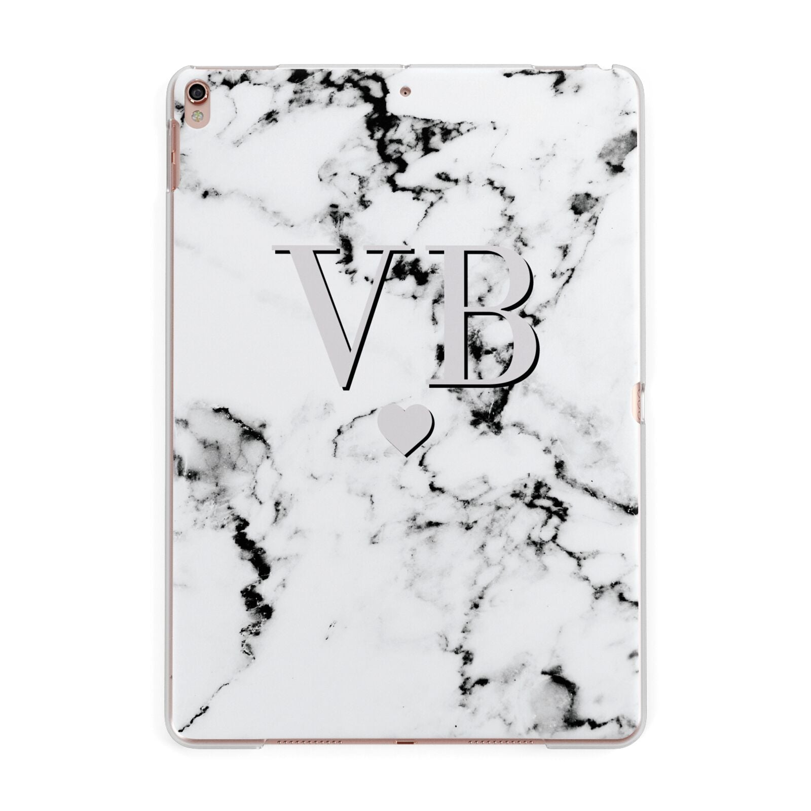 Personalised Grey Initialed Marble Heart Apple iPad Rose Gold Case