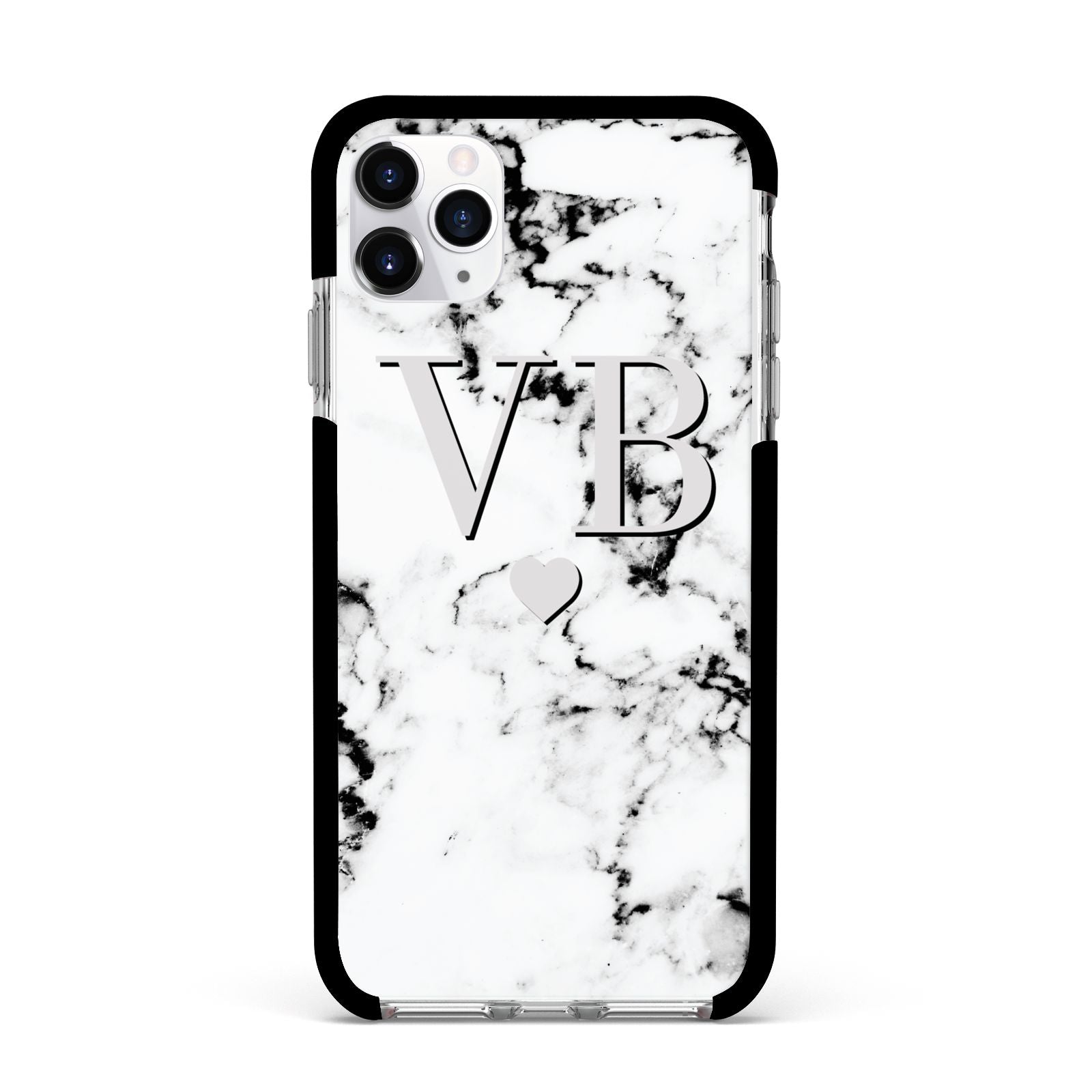 Personalised Grey Initialed Marble Heart Apple iPhone 11 Pro Max in Silver with Black Impact Case