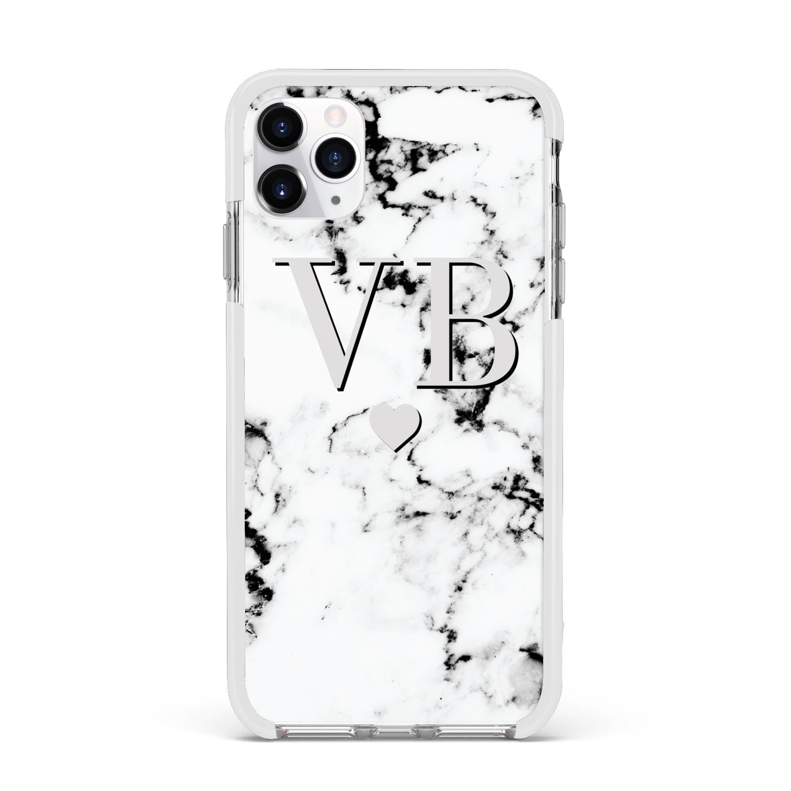 Personalised Grey Initialed Marble Heart Apple iPhone 11 Pro Max in Silver with White Impact Case