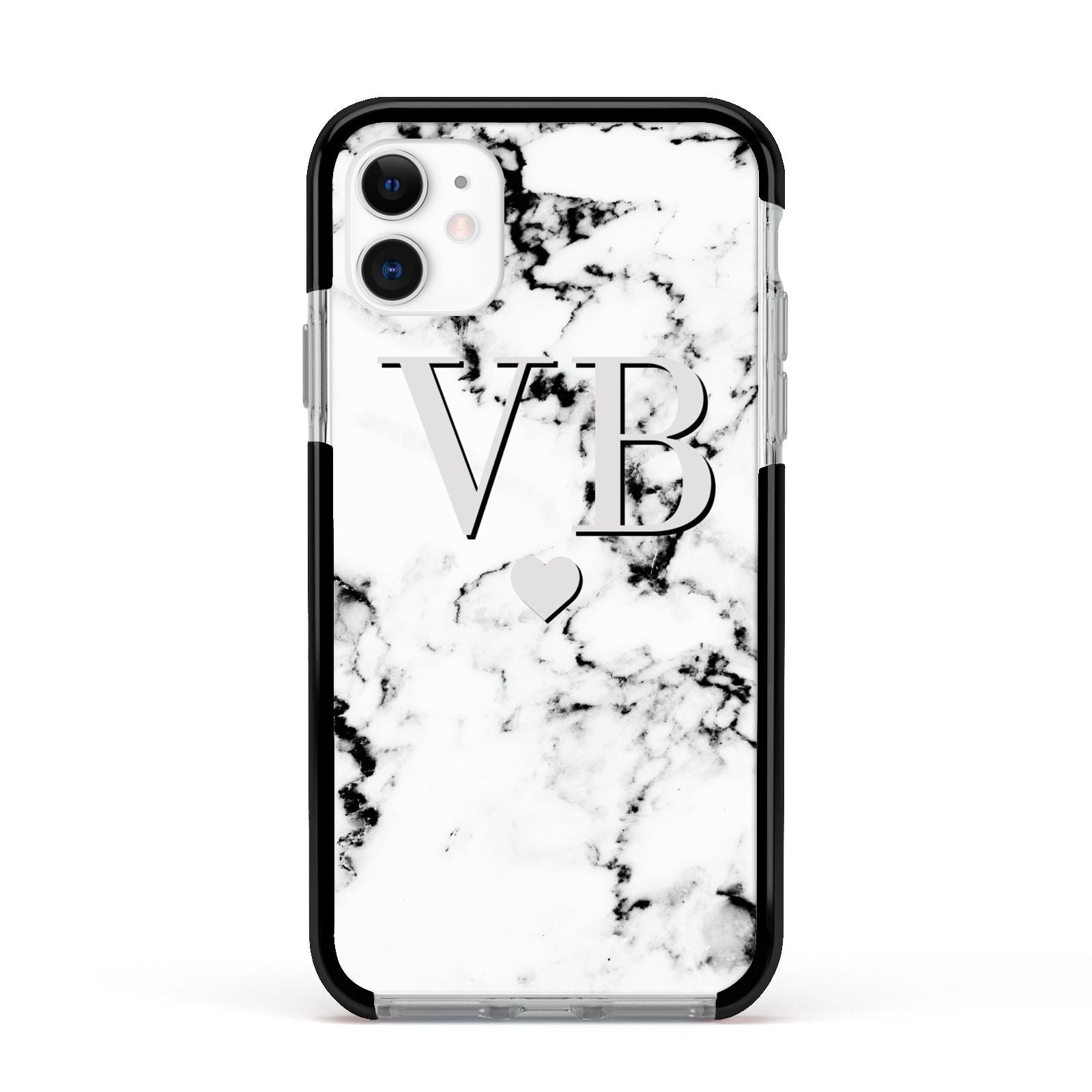 Personalised Grey Initialed Marble Heart Apple iPhone 11 in White with Black Impact Case