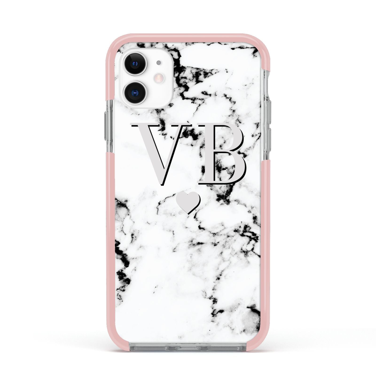 Personalised Grey Initialed Marble Heart Apple iPhone 11 in White with Pink Impact Case
