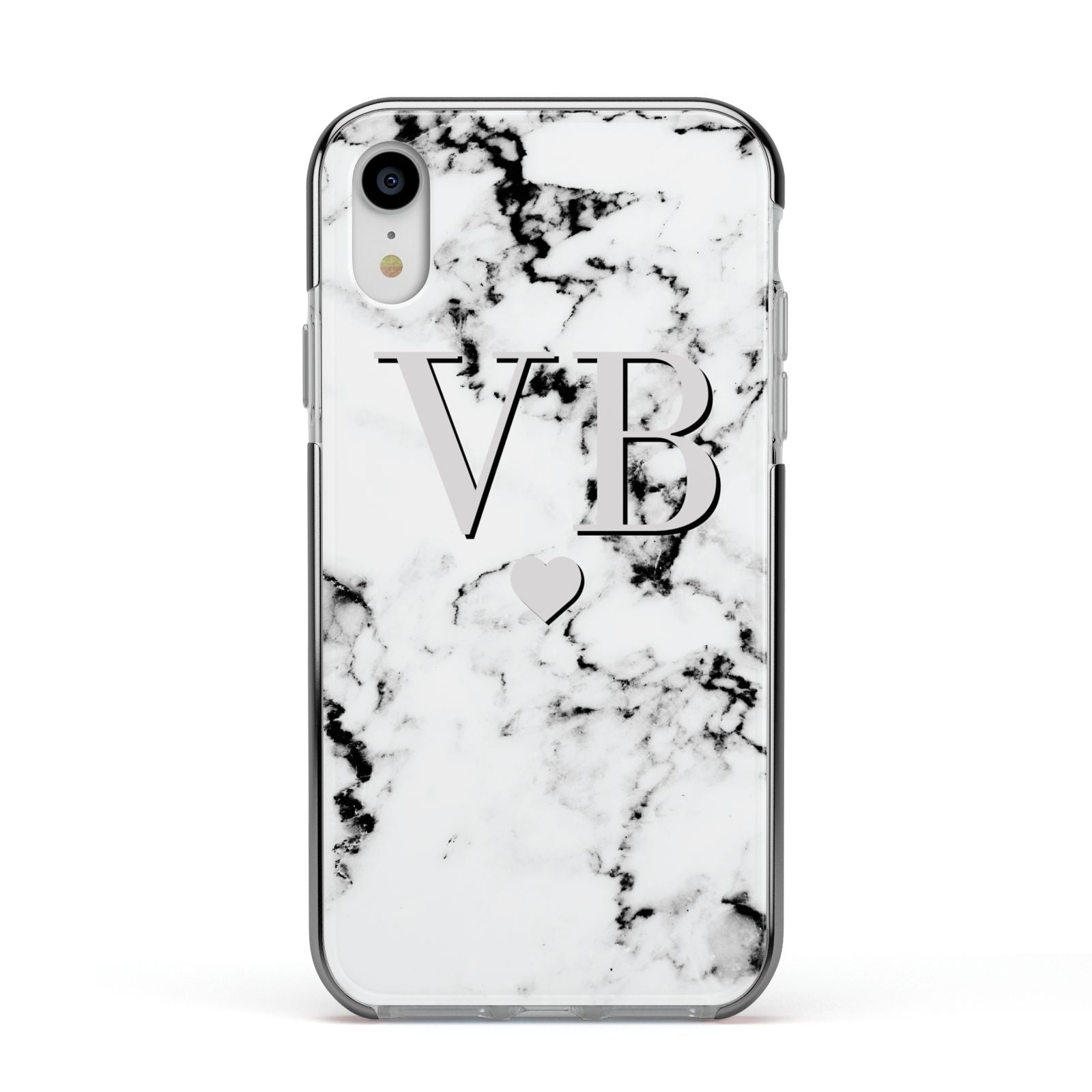 Personalised Grey Initialed Marble Heart Apple iPhone XR Impact Case Black Edge on Silver Phone