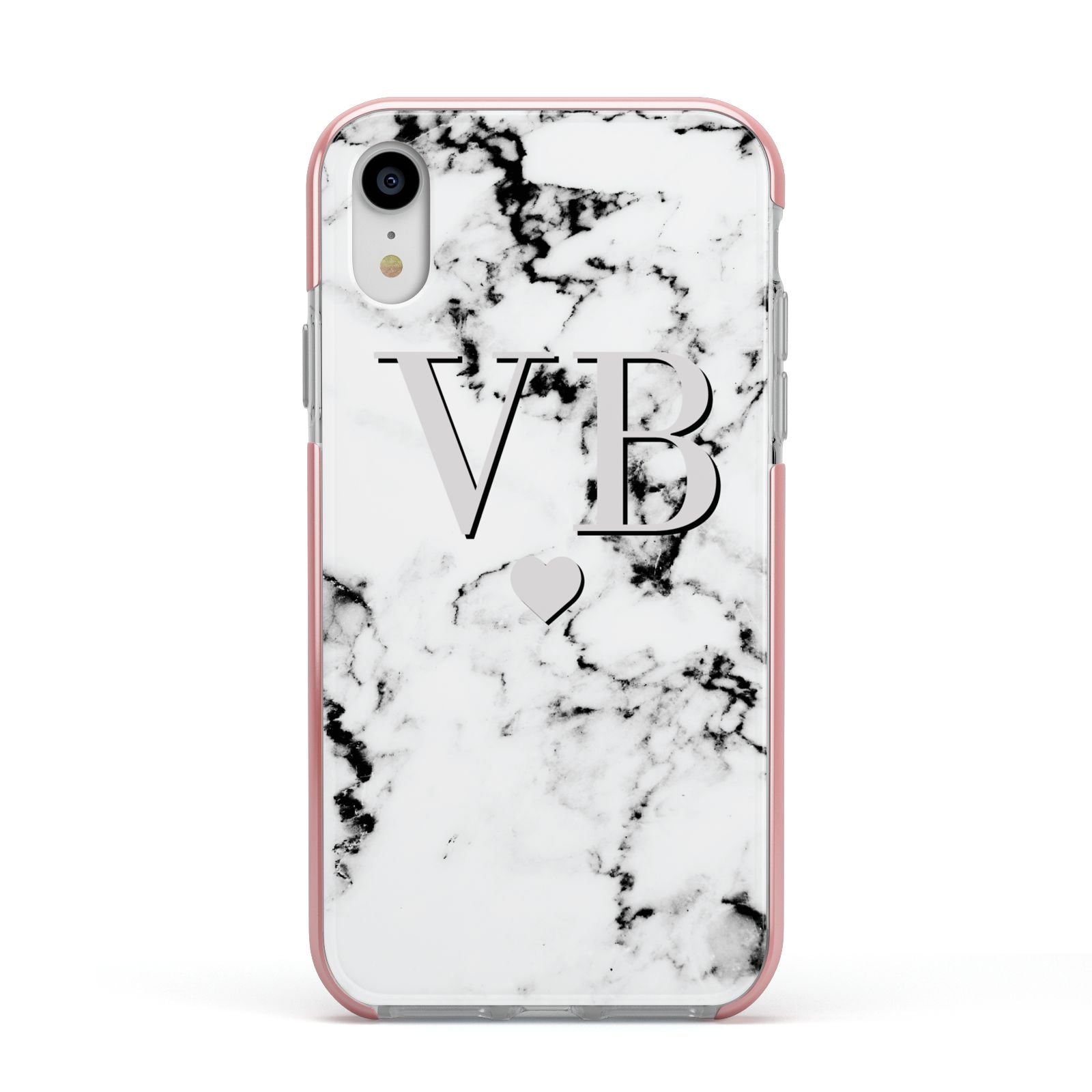 Personalised Grey Initialed Marble Heart Apple iPhone XR Impact Case Pink Edge on Silver Phone