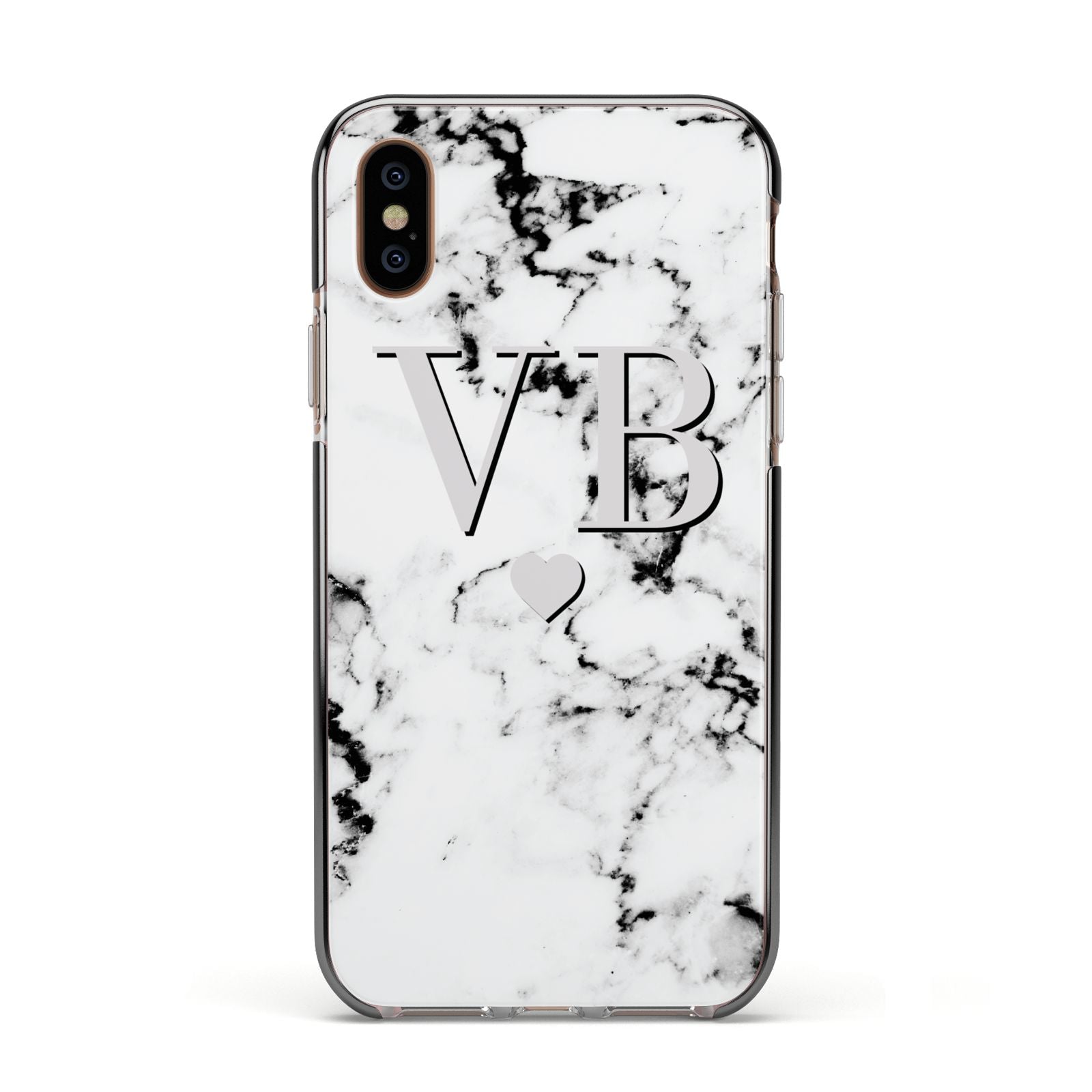 Personalised Grey Initialed Marble Heart Apple iPhone Xs Impact Case Black Edge on Gold Phone