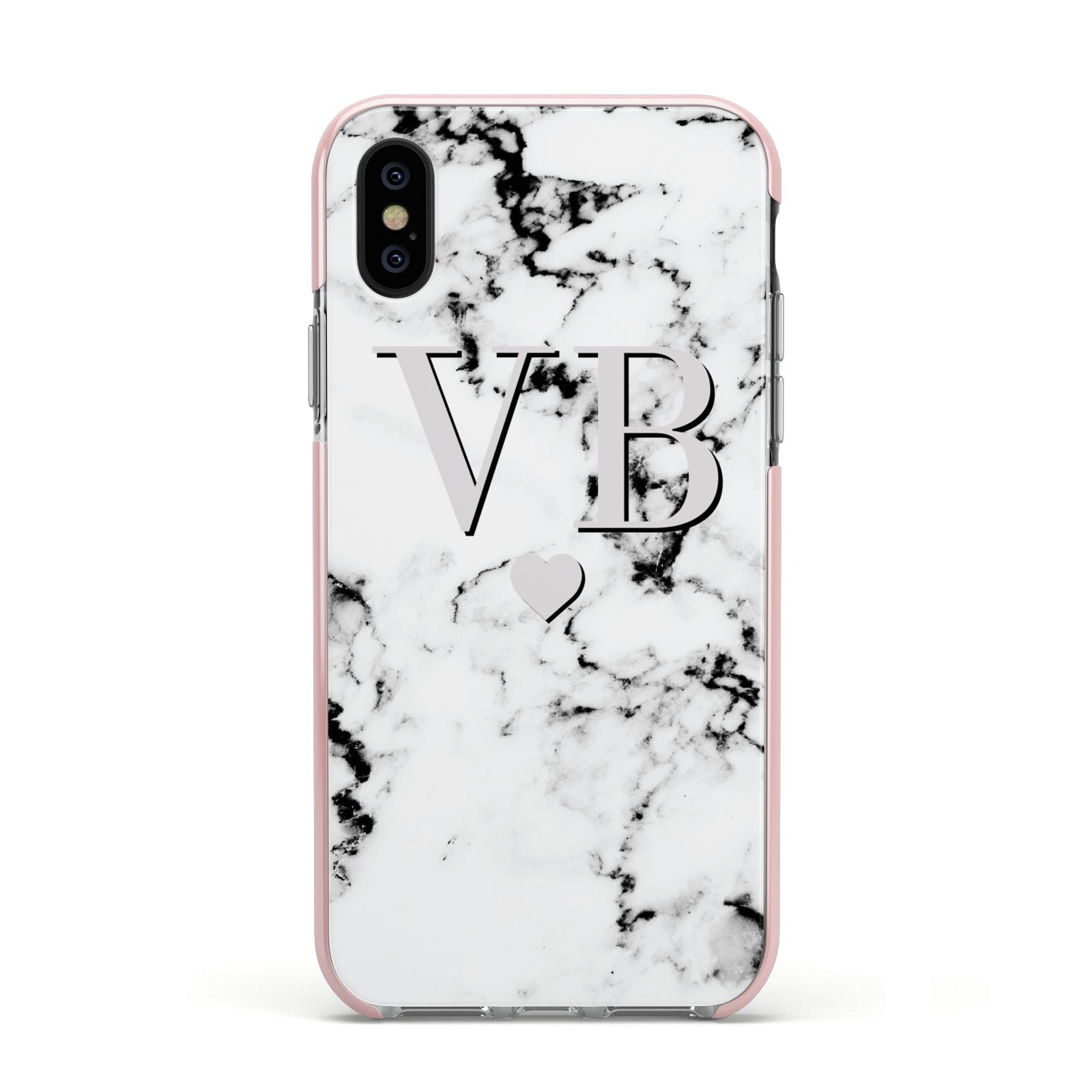 Personalised Grey Initialed Marble Heart Apple iPhone Xs Impact Case Pink Edge on Black Phone