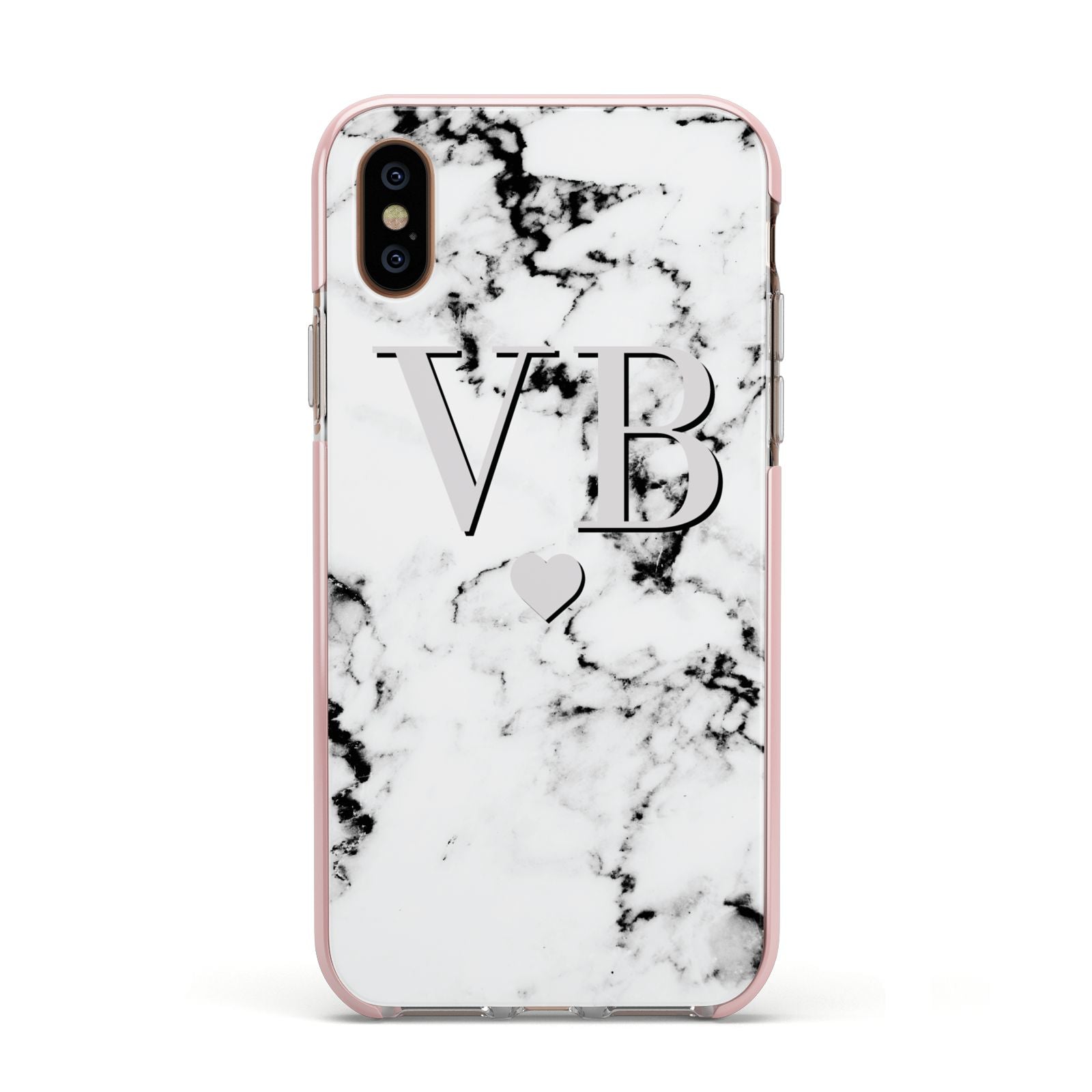 Personalised Grey Initialed Marble Heart Apple iPhone Xs Impact Case Pink Edge on Gold Phone