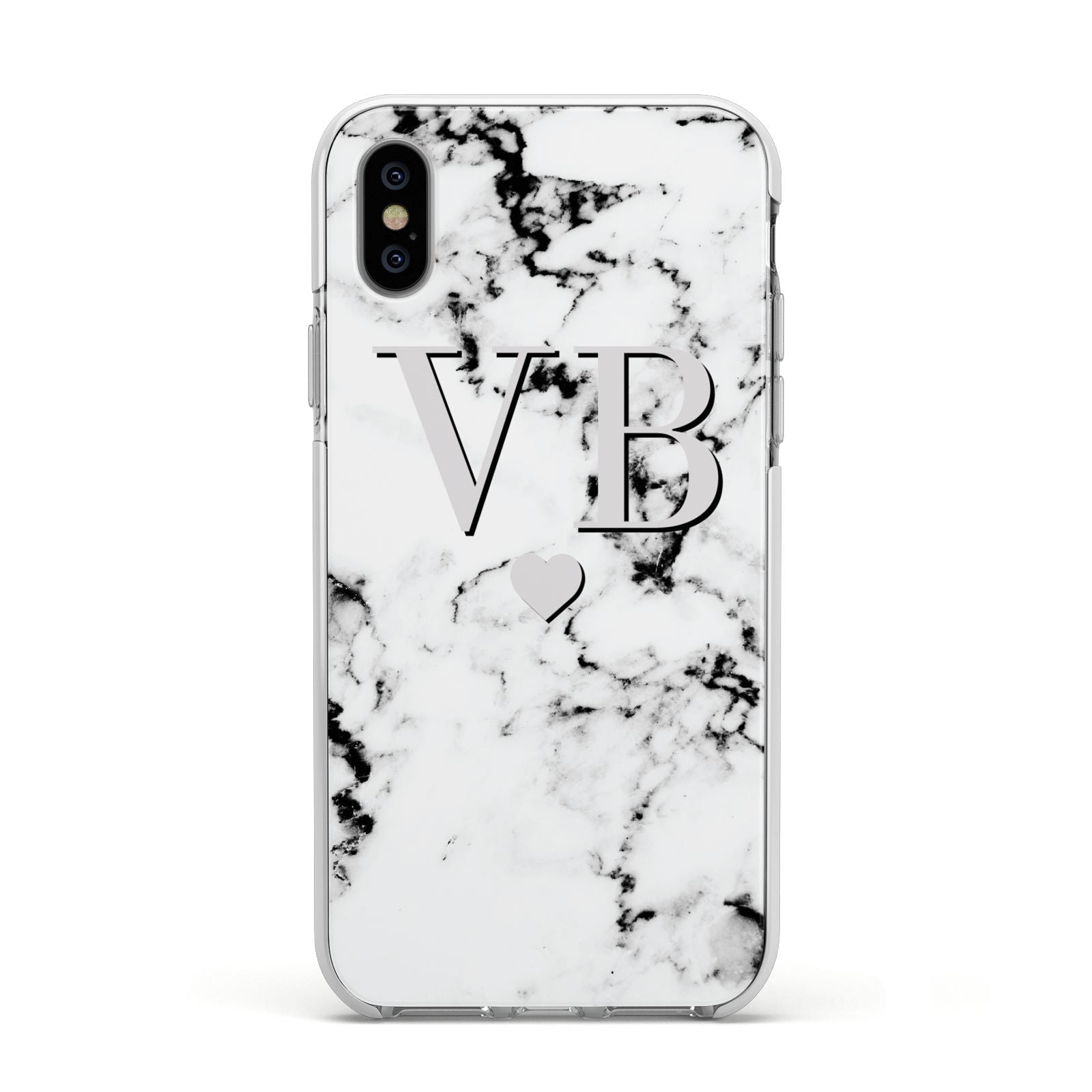 Personalised Grey Initialed Marble Heart Apple iPhone Xs Impact Case White Edge on Silver Phone