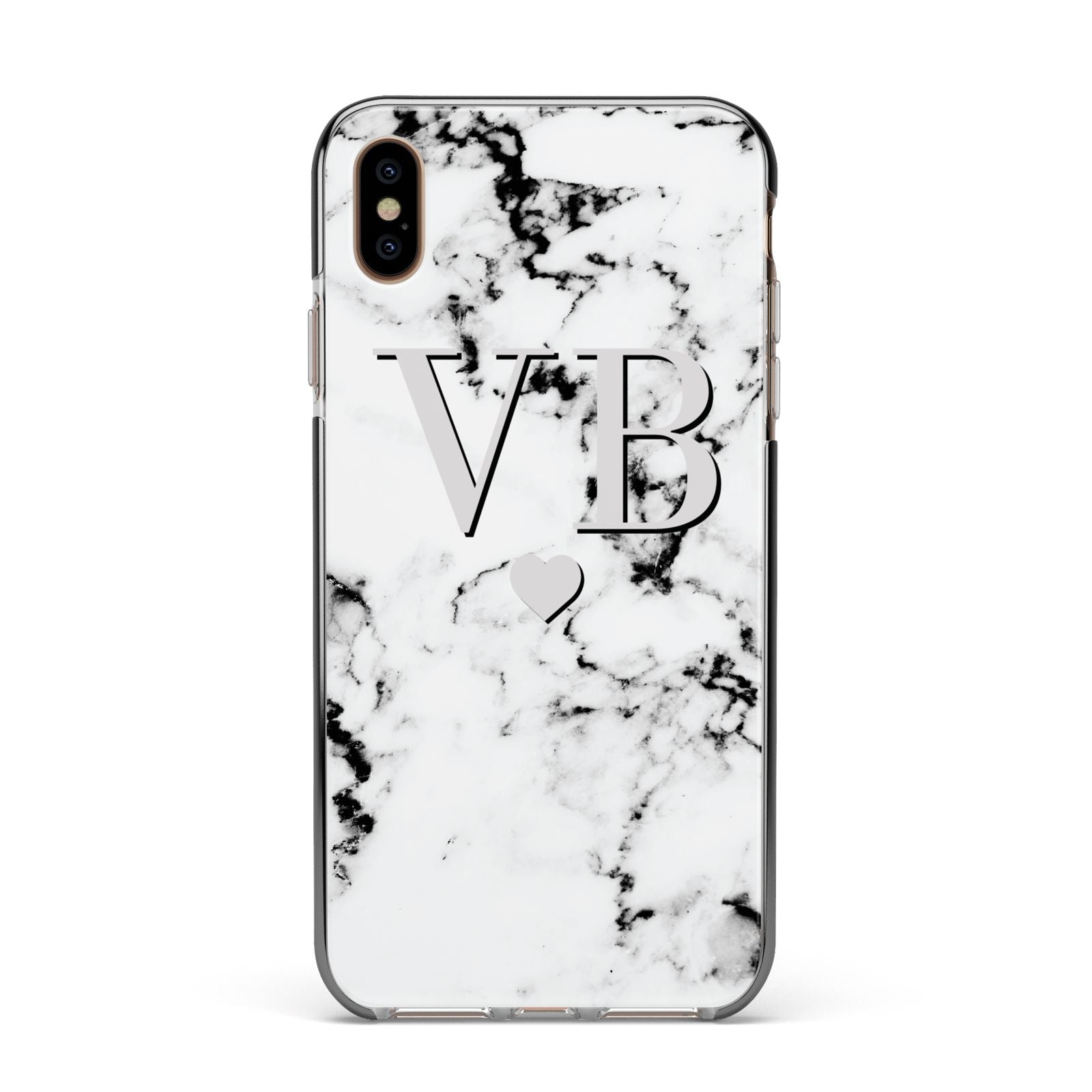 Personalised Grey Initialed Marble Heart Apple iPhone Xs Max Impact Case Black Edge on Gold Phone