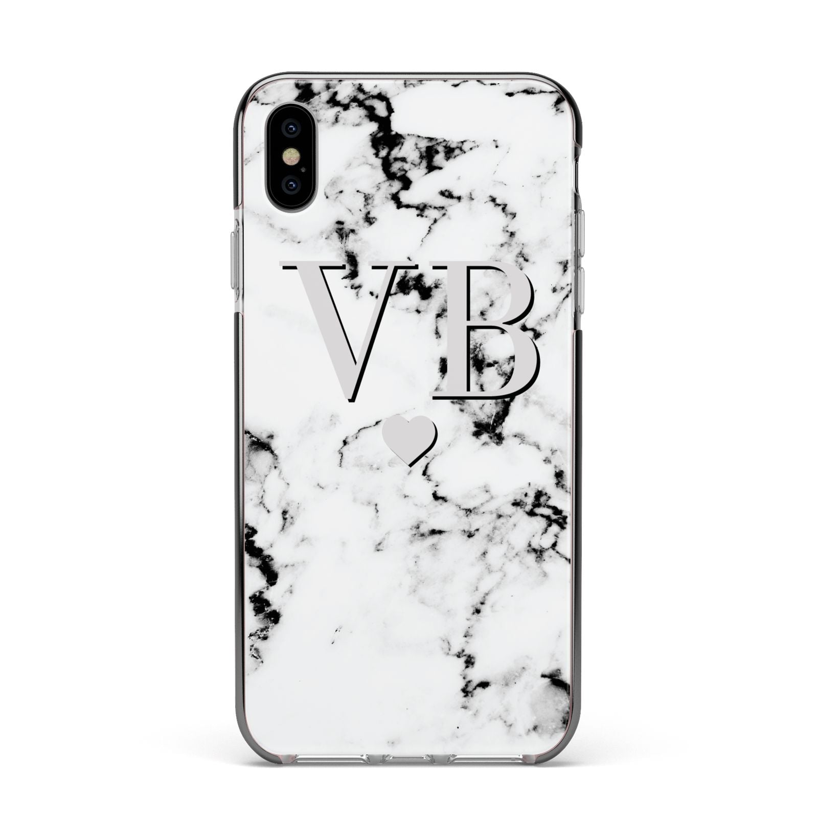 Personalised Grey Initialed Marble Heart Apple iPhone Xs Max Impact Case Black Edge on Silver Phone