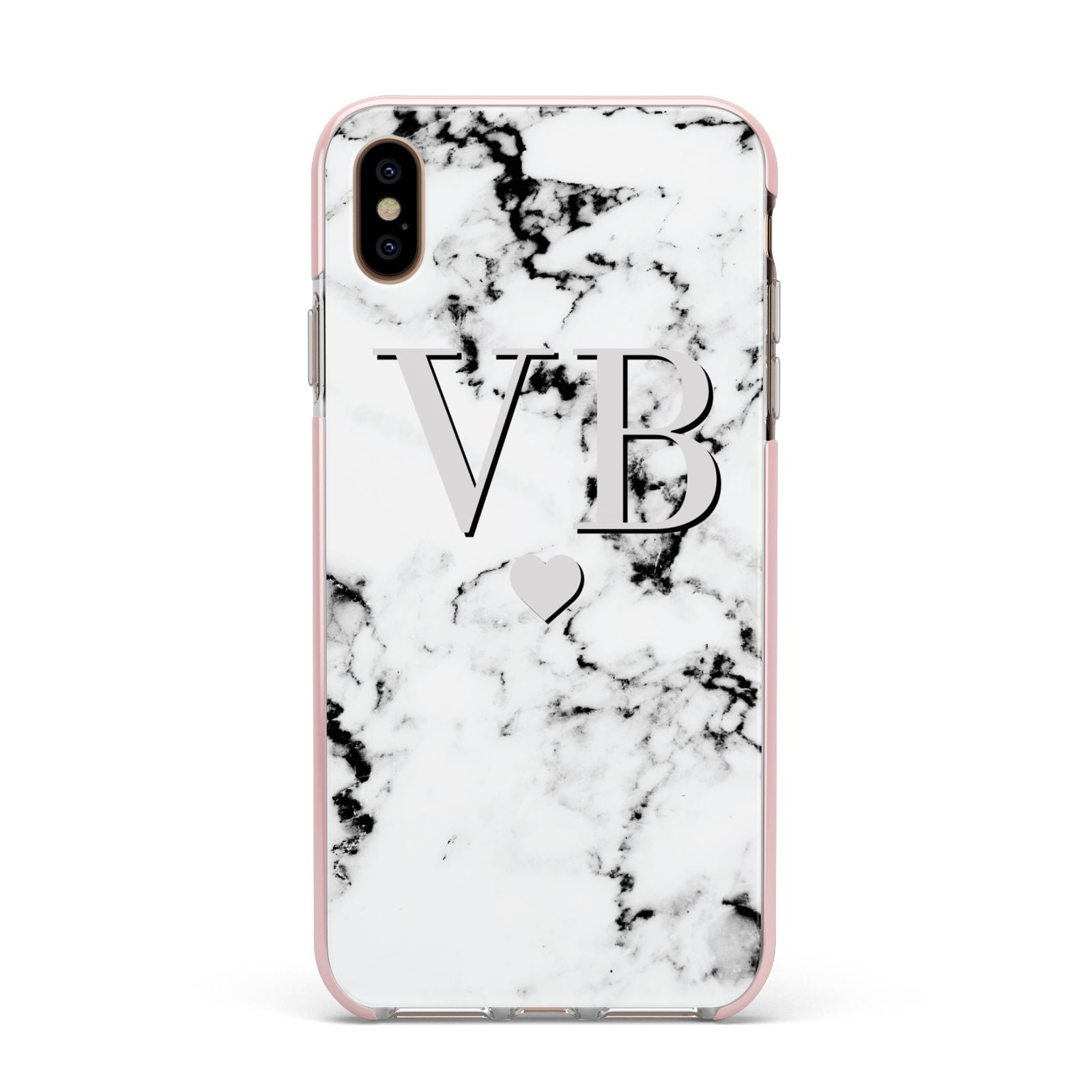Personalised Grey Initialed Marble Heart Apple iPhone Xs Max Impact Case Pink Edge on Gold Phone