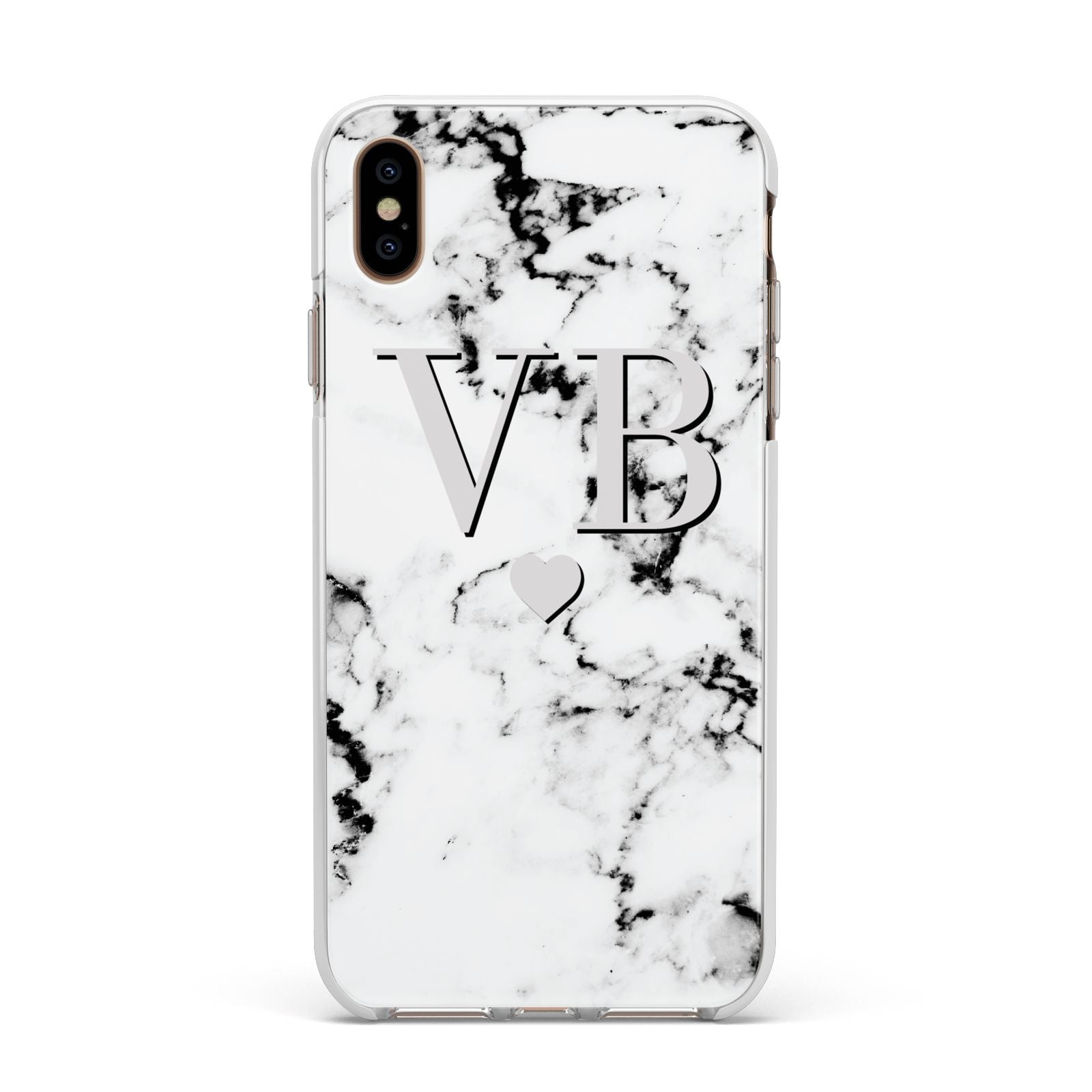 Personalised Grey Initialed Marble Heart Apple iPhone Xs Max Impact Case White Edge on Gold Phone