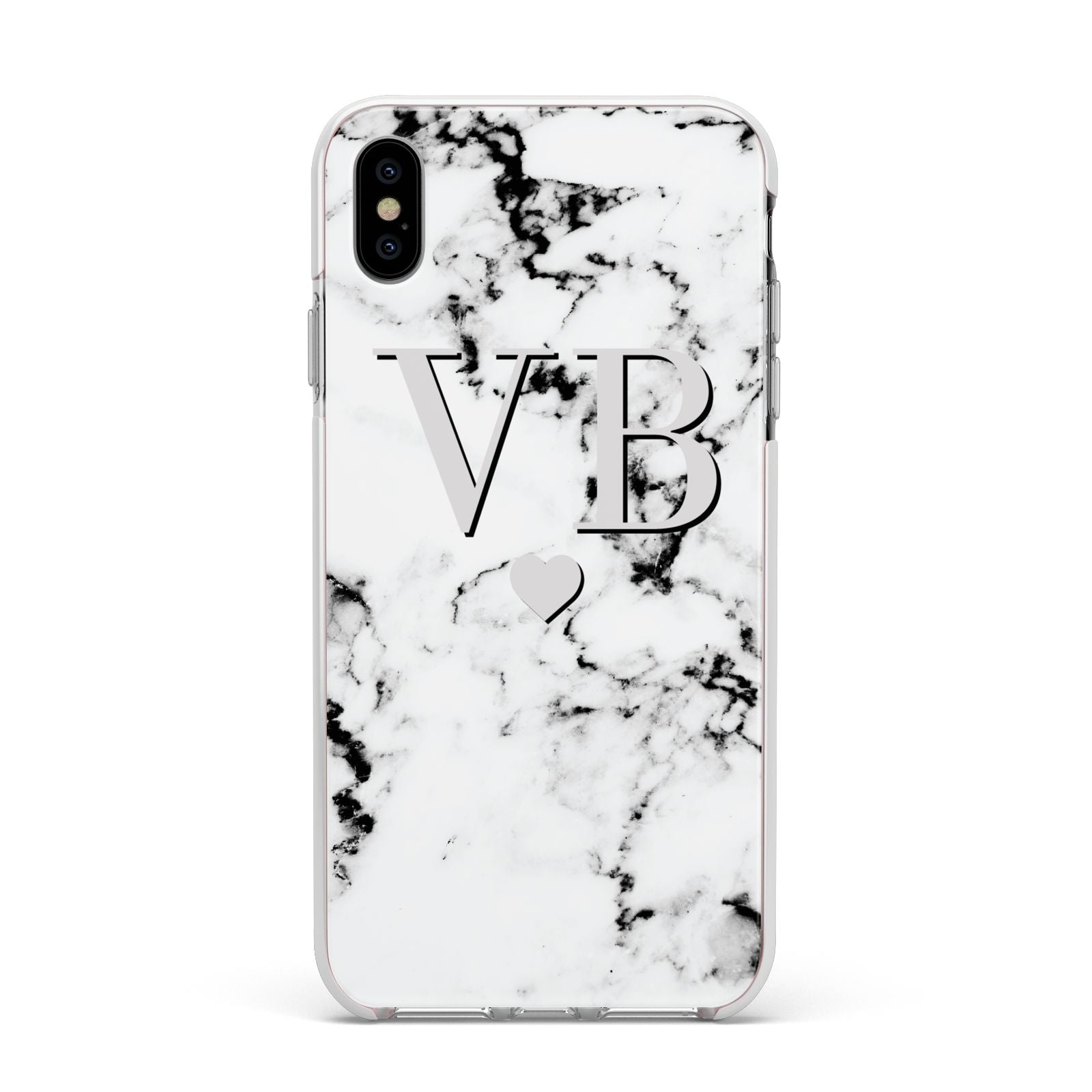 Personalised Grey Initialed Marble Heart Apple iPhone Xs Max Impact Case White Edge on Silver Phone