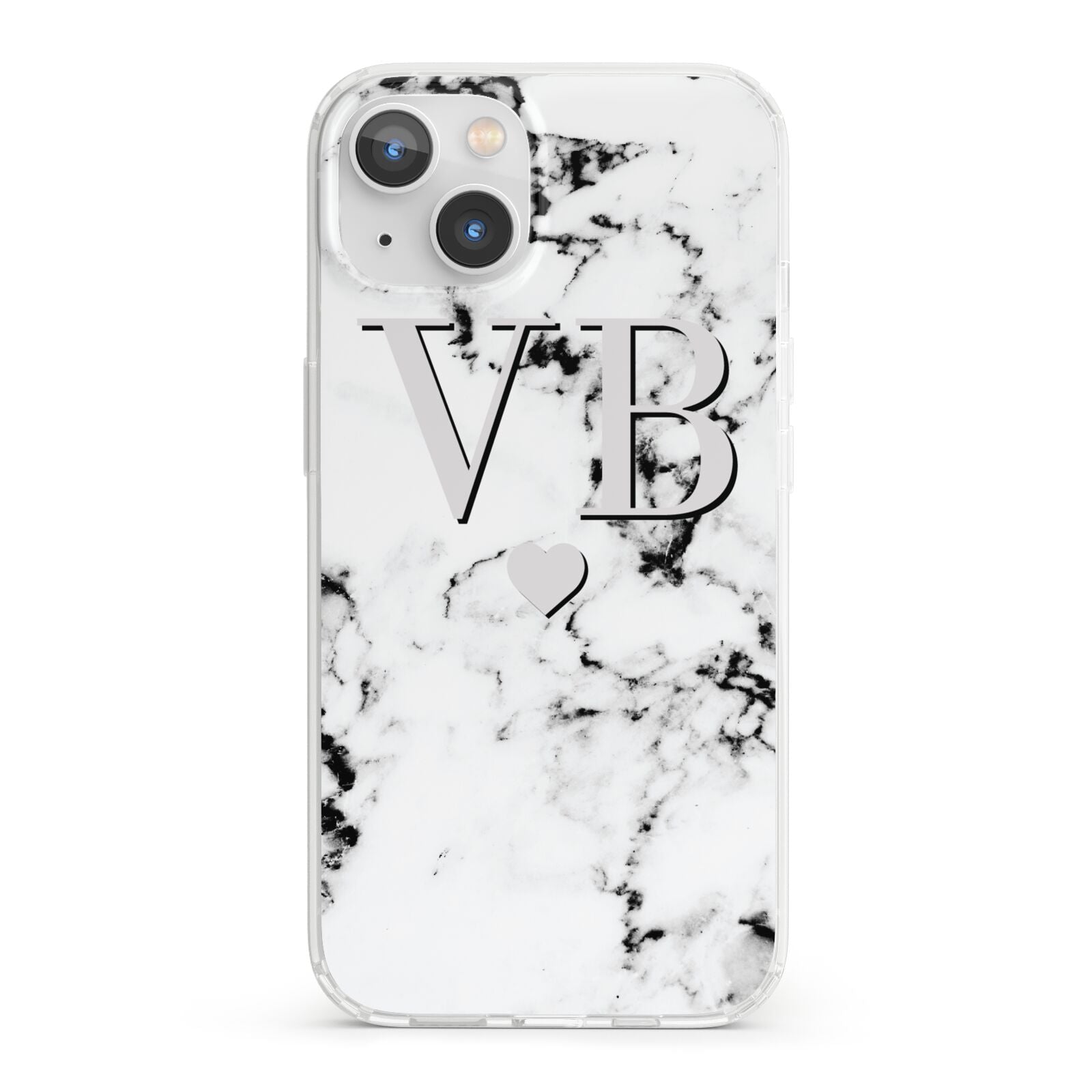 Personalised Grey Initialed Marble Heart iPhone 13 Clear Bumper Case