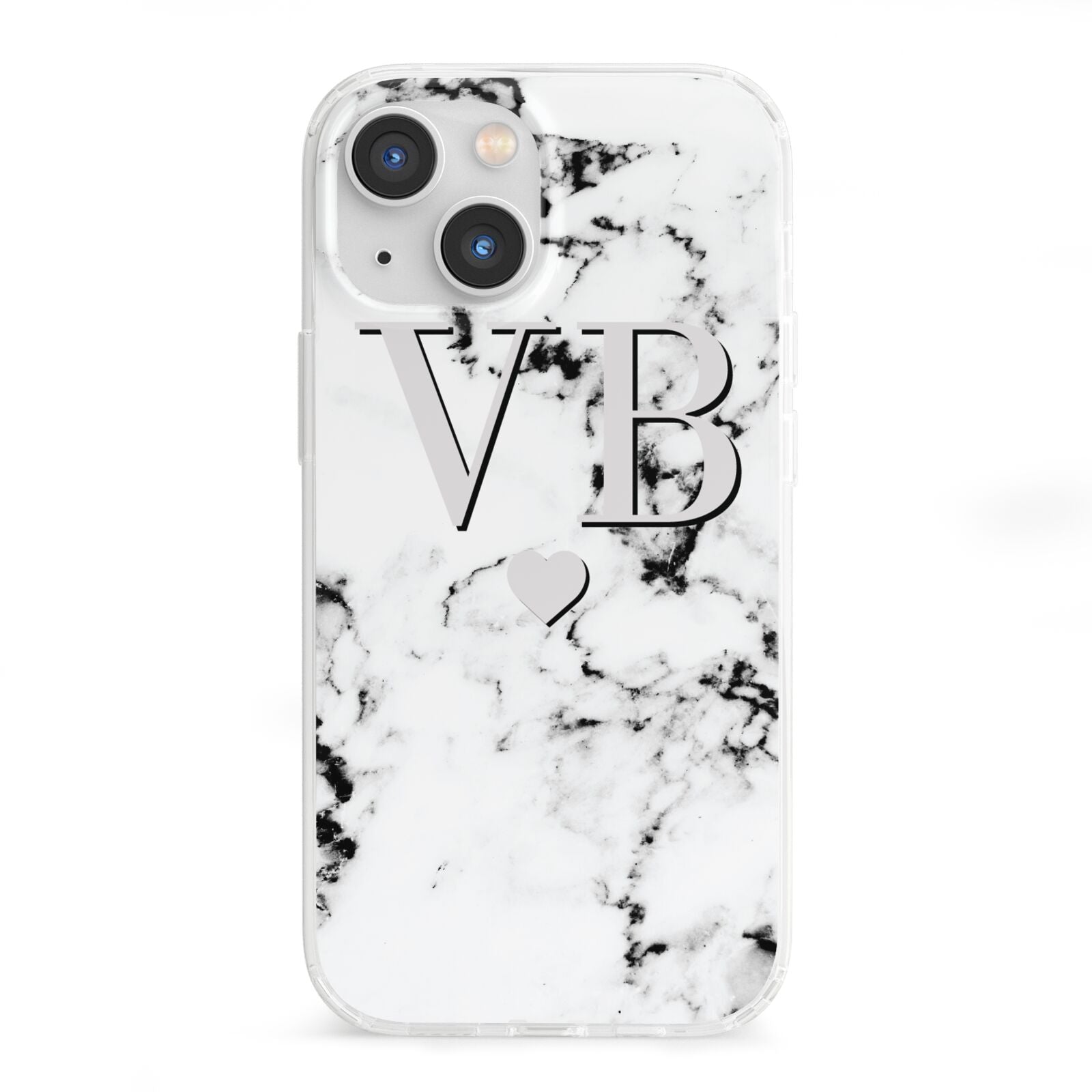 Personalised Grey Initialed Marble Heart iPhone 13 Mini Clear Bumper Case