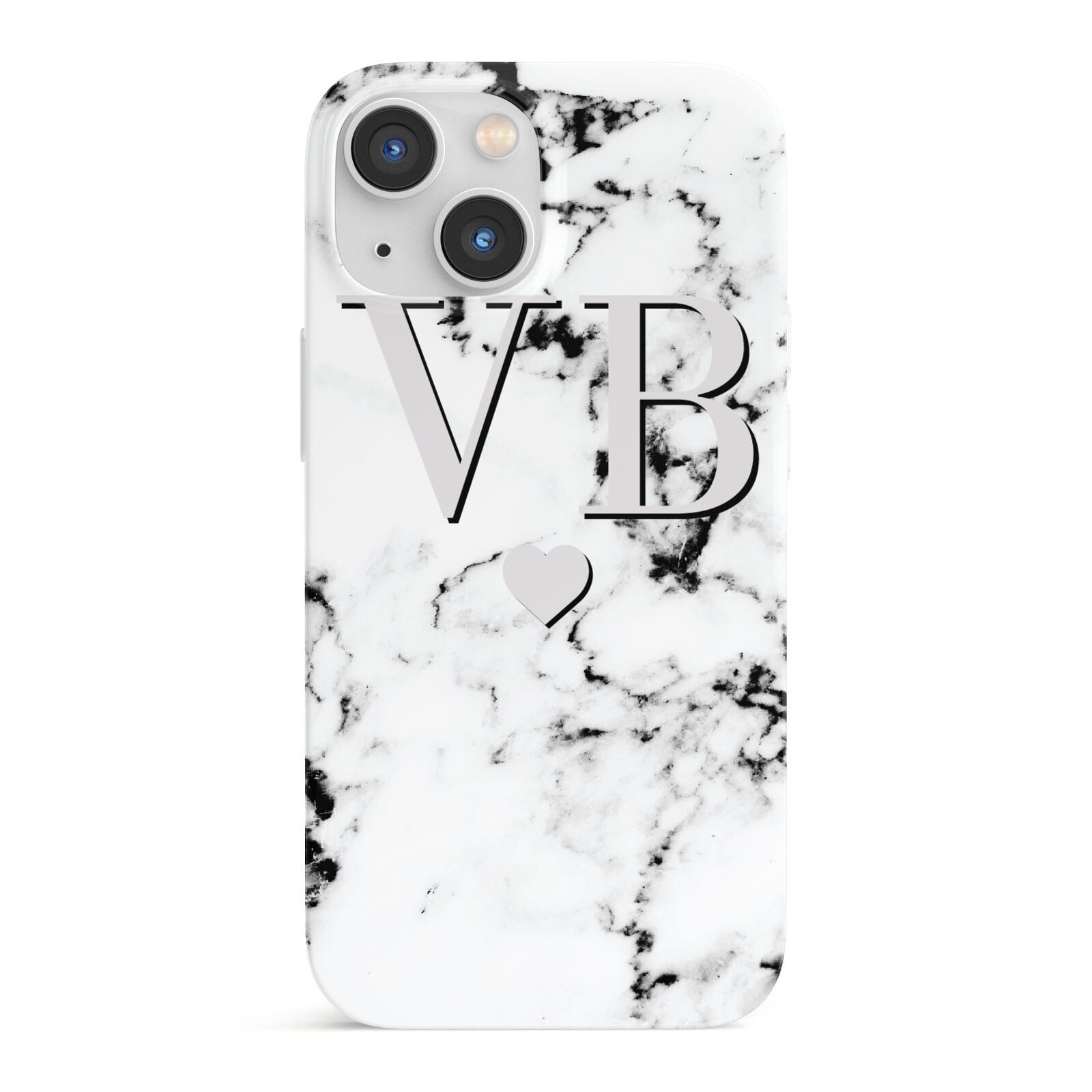 Personalised Grey Initialed Marble Heart iPhone 13 Mini Full Wrap 3D Snap Case