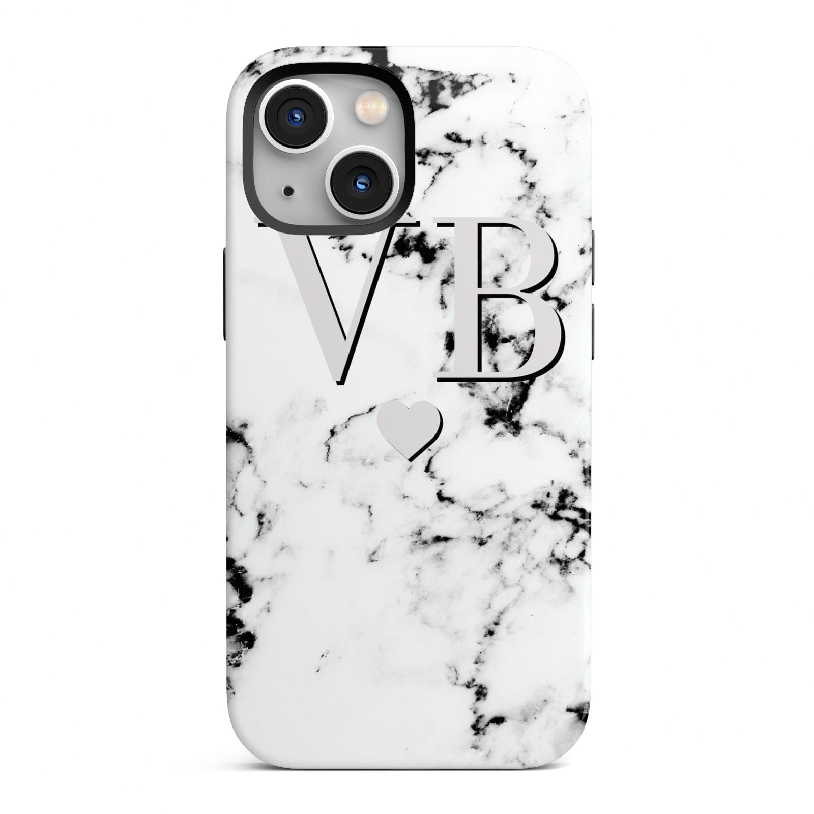 Personalised Grey Initialed Marble Heart iPhone 13 Mini Full Wrap 3D Tough Case