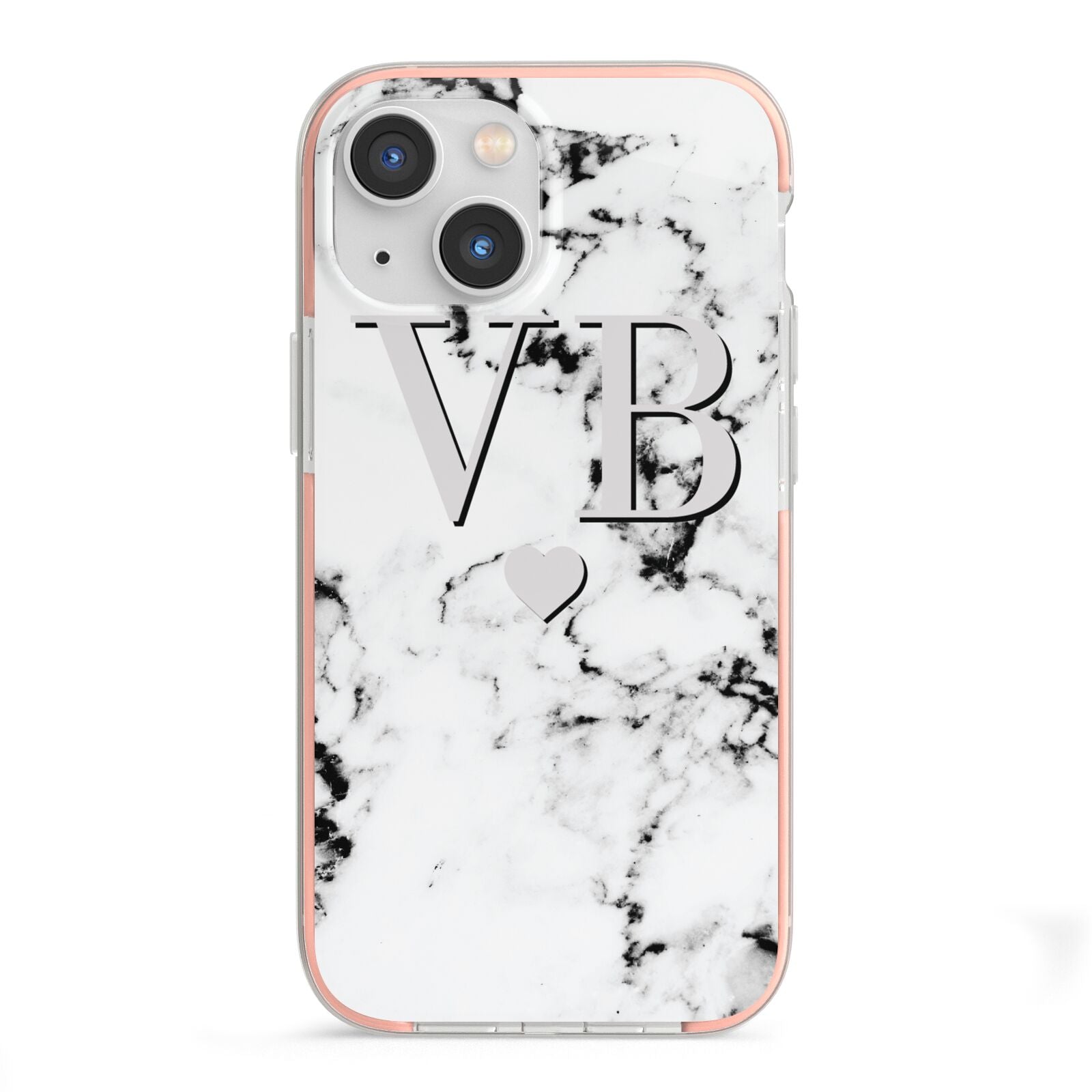 Personalised Grey Initialed Marble Heart iPhone 13 Mini TPU Impact Case with Pink Edges