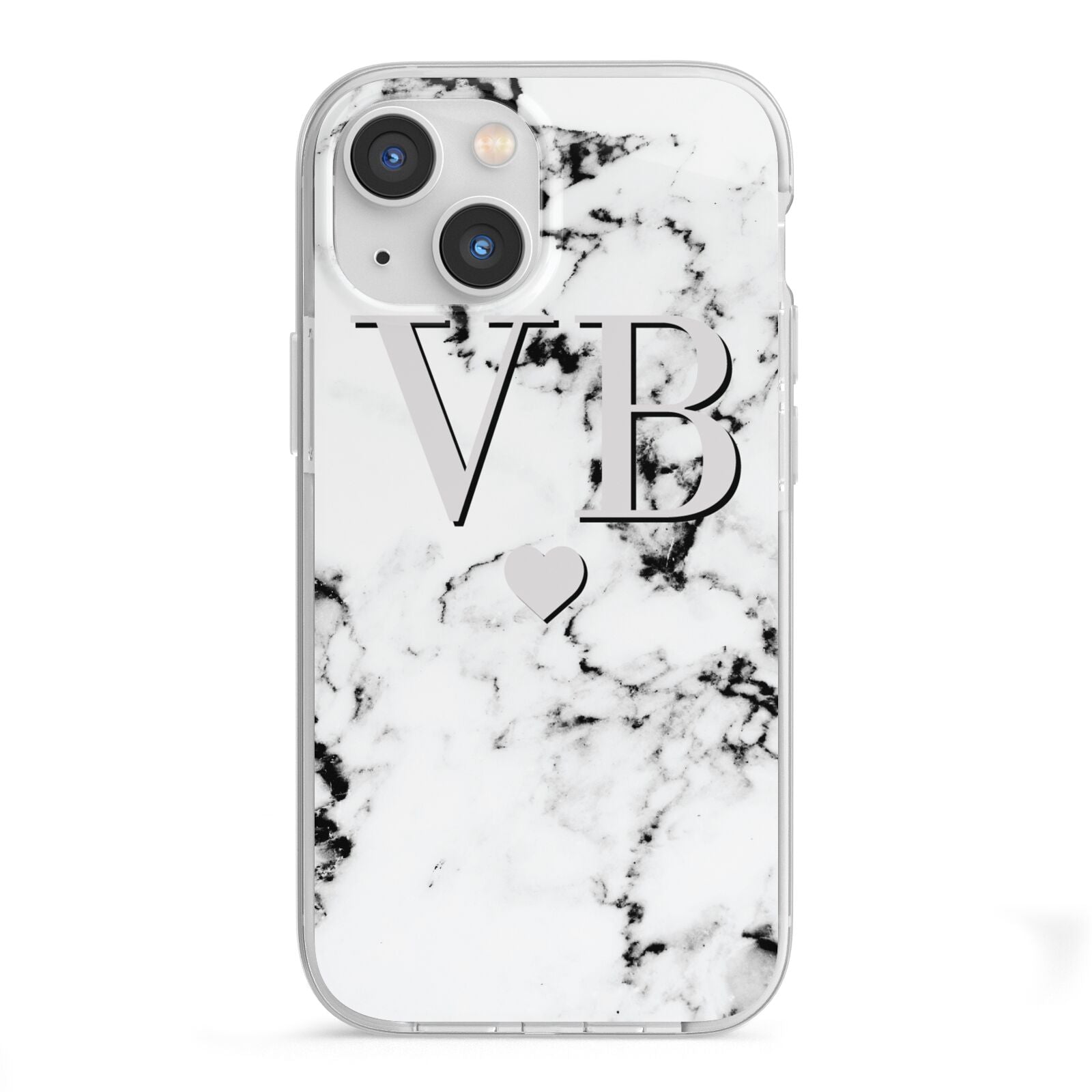 Personalised Grey Initialed Marble Heart iPhone 13 Mini TPU Impact Case with White Edges