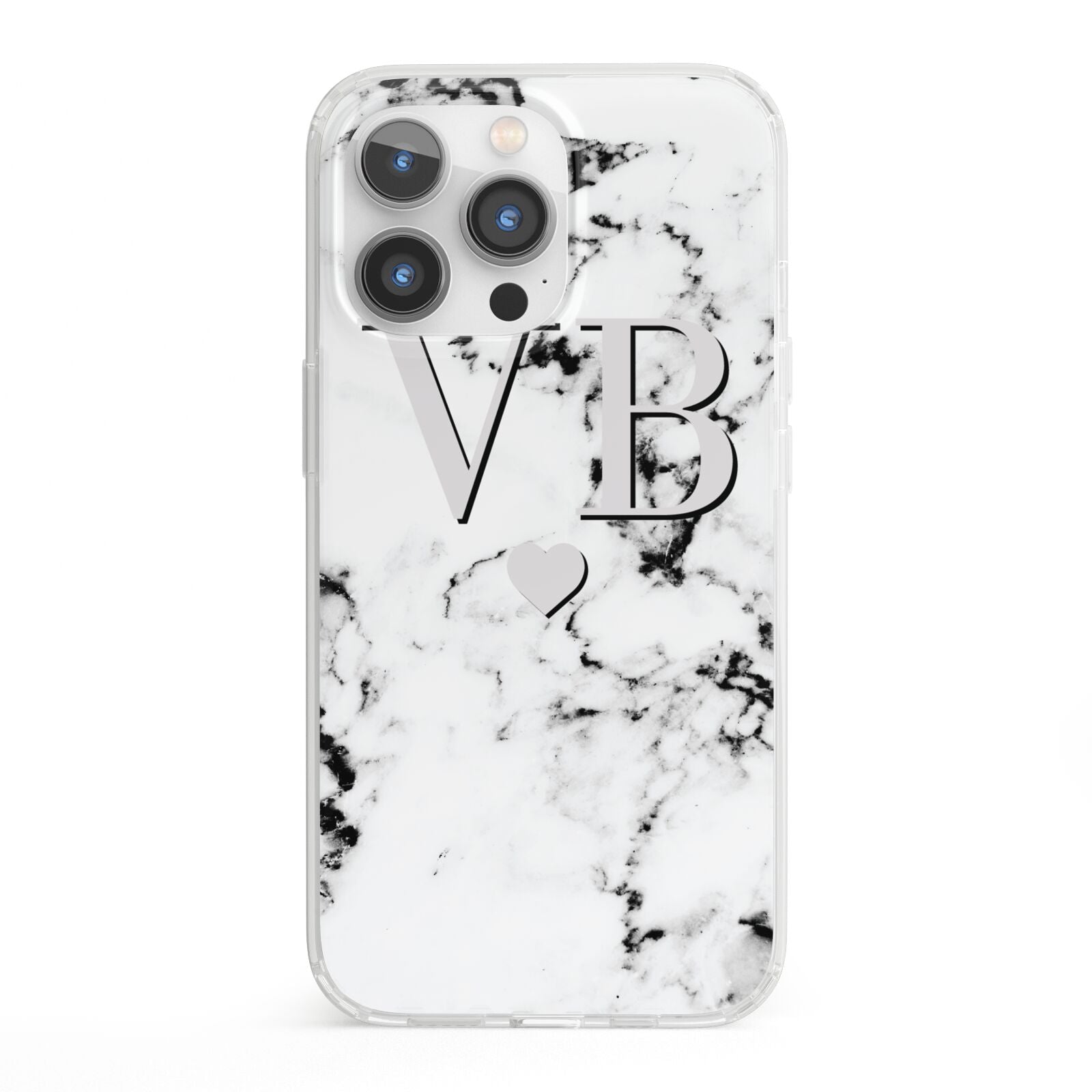 Personalised Grey Initialed Marble Heart iPhone 13 Pro Clear Bumper Case