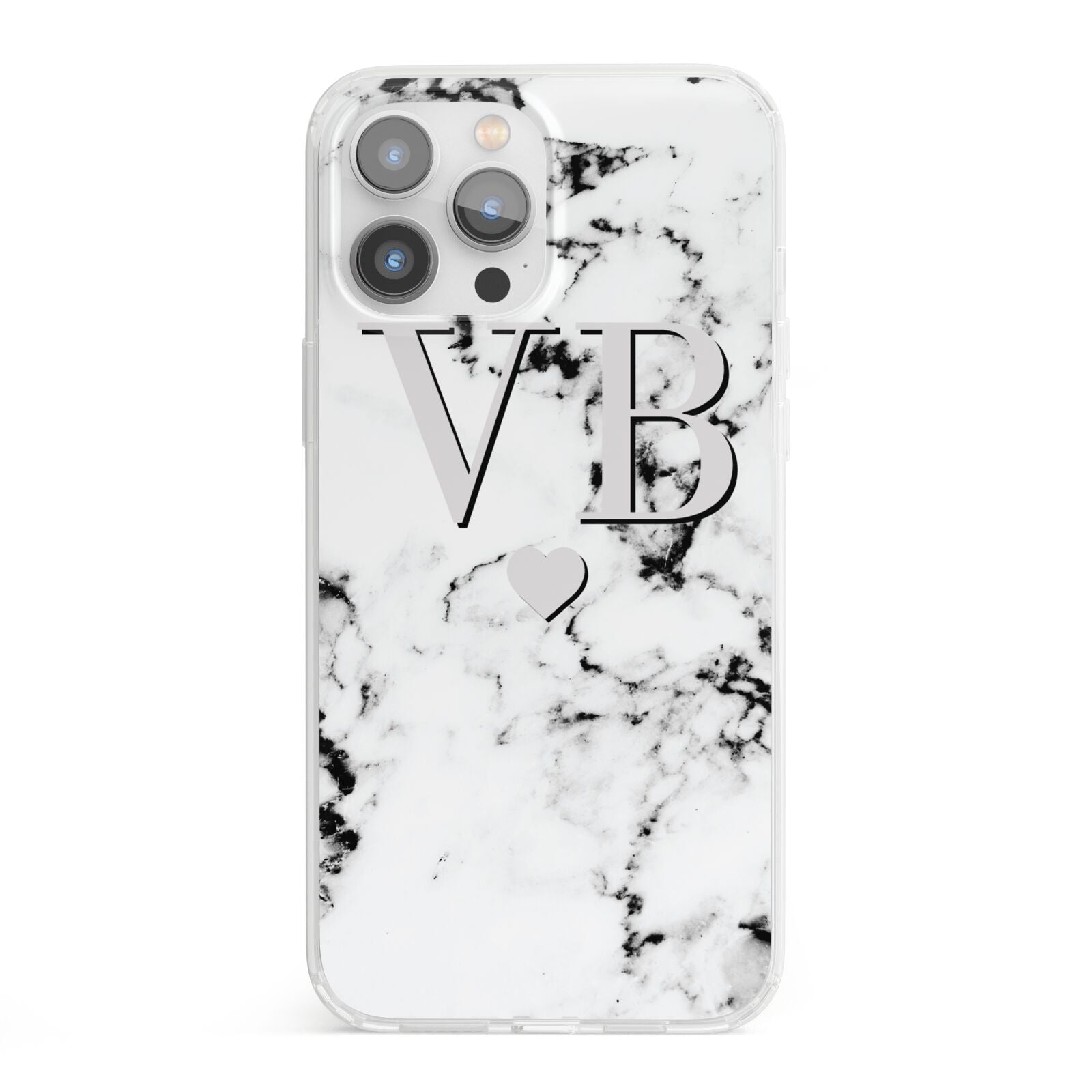 Personalised Grey Initialed Marble Heart iPhone 13 Pro Max Clear Bumper Case