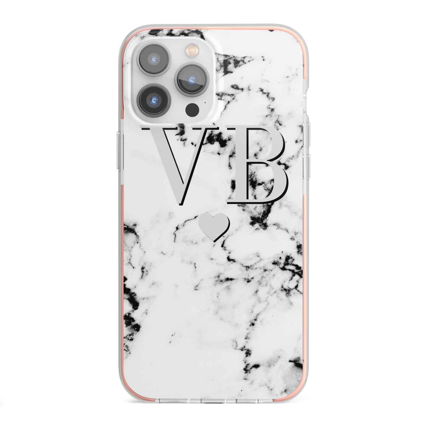 Personalised Grey Initialed Marble Heart iPhone 13 Pro Max TPU Impact Case with Pink Edges