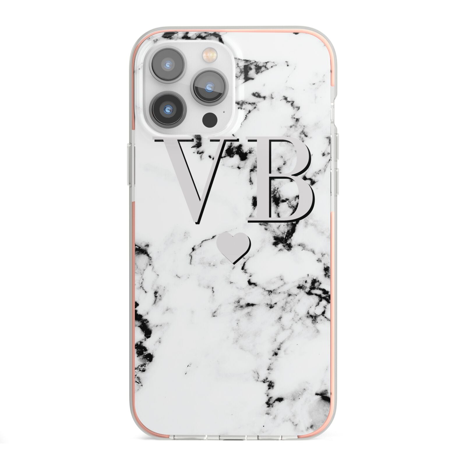 Personalised Grey Initialed Marble Heart iPhone 13 Pro Max TPU Impact Case with Pink Edges